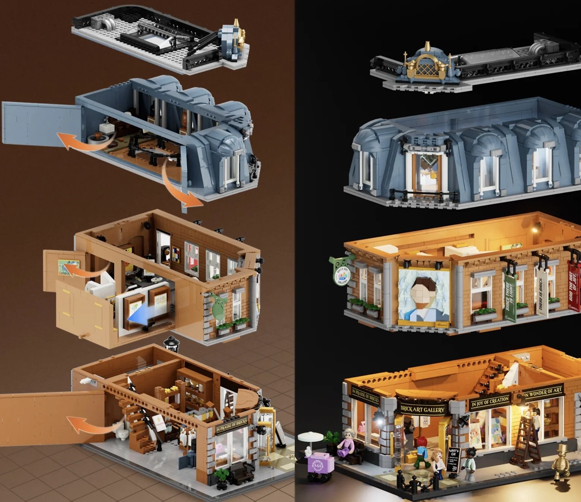 Assemblage de plusieurs bâtiments LEGO, incluant des quartiers résidentiels, un musée d'art et des structures futuristes, avec des minifigurines et des détails architecturaux.