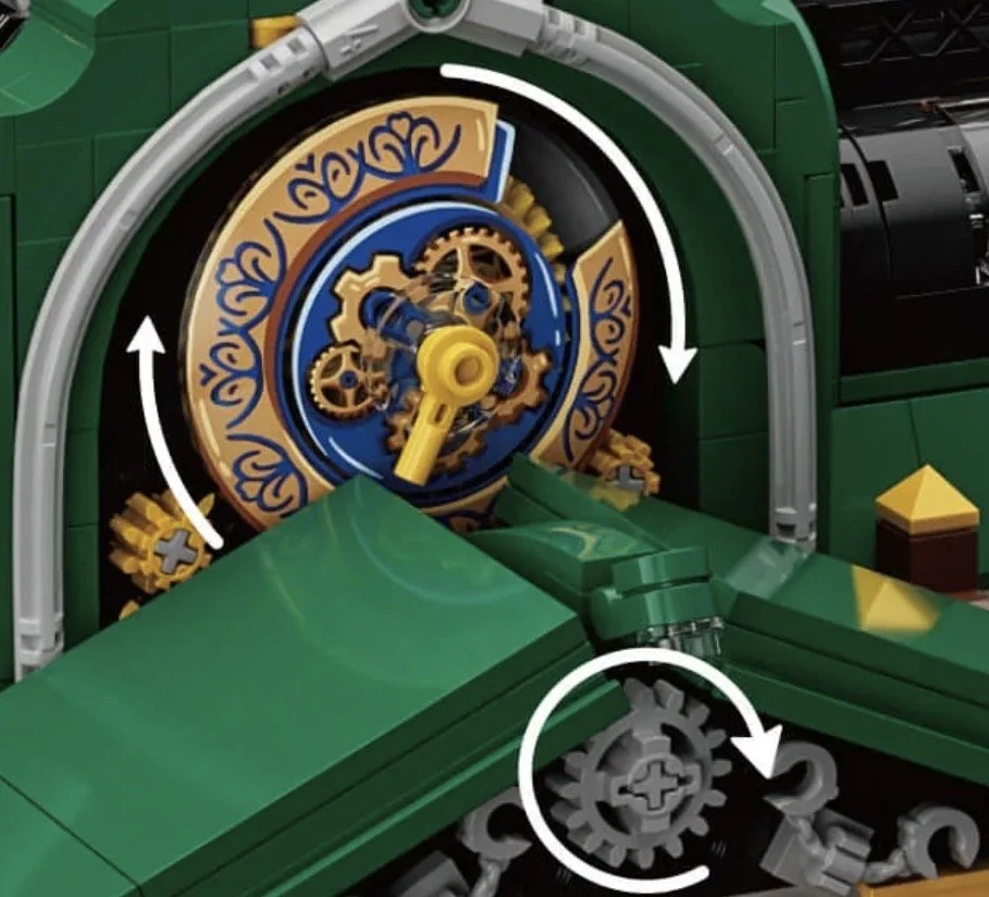 Un modèle réduit en LEGO d'une machine à remonter le temps, avec des engrenages et des mécanismes, probablement une scène de fabrication ou de manipulation de temps.