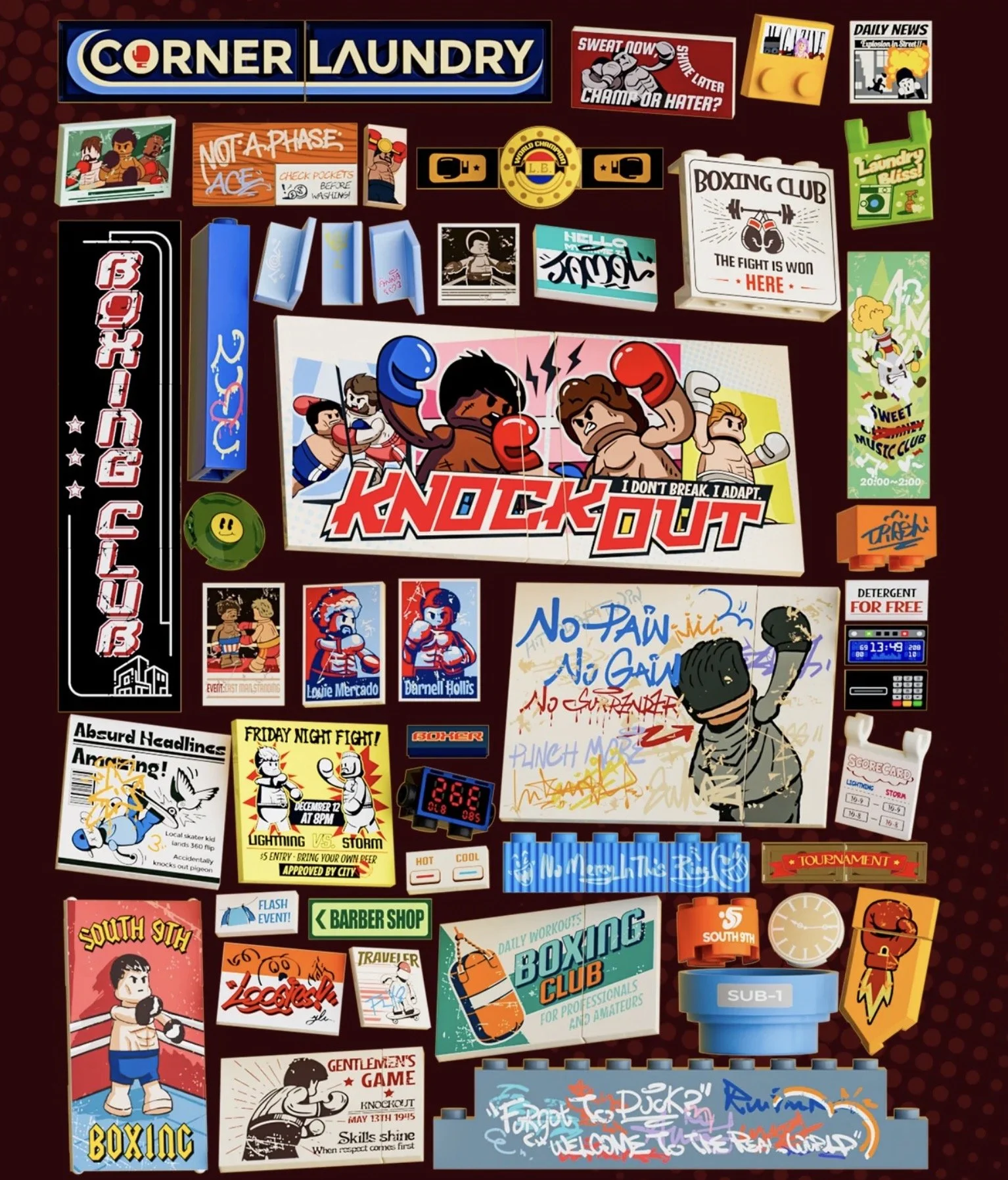 Une affiche colorée avec divers dessins, textes, et images liés à la boxe et à des activités de loisir, incluant un groupe de boxeurs, des slogans comme « Knock Out » et « No Pain No Gain », ainsi que des références à un club de boxe, un salon de coiffure, et d'autres éléments graphiques variés.