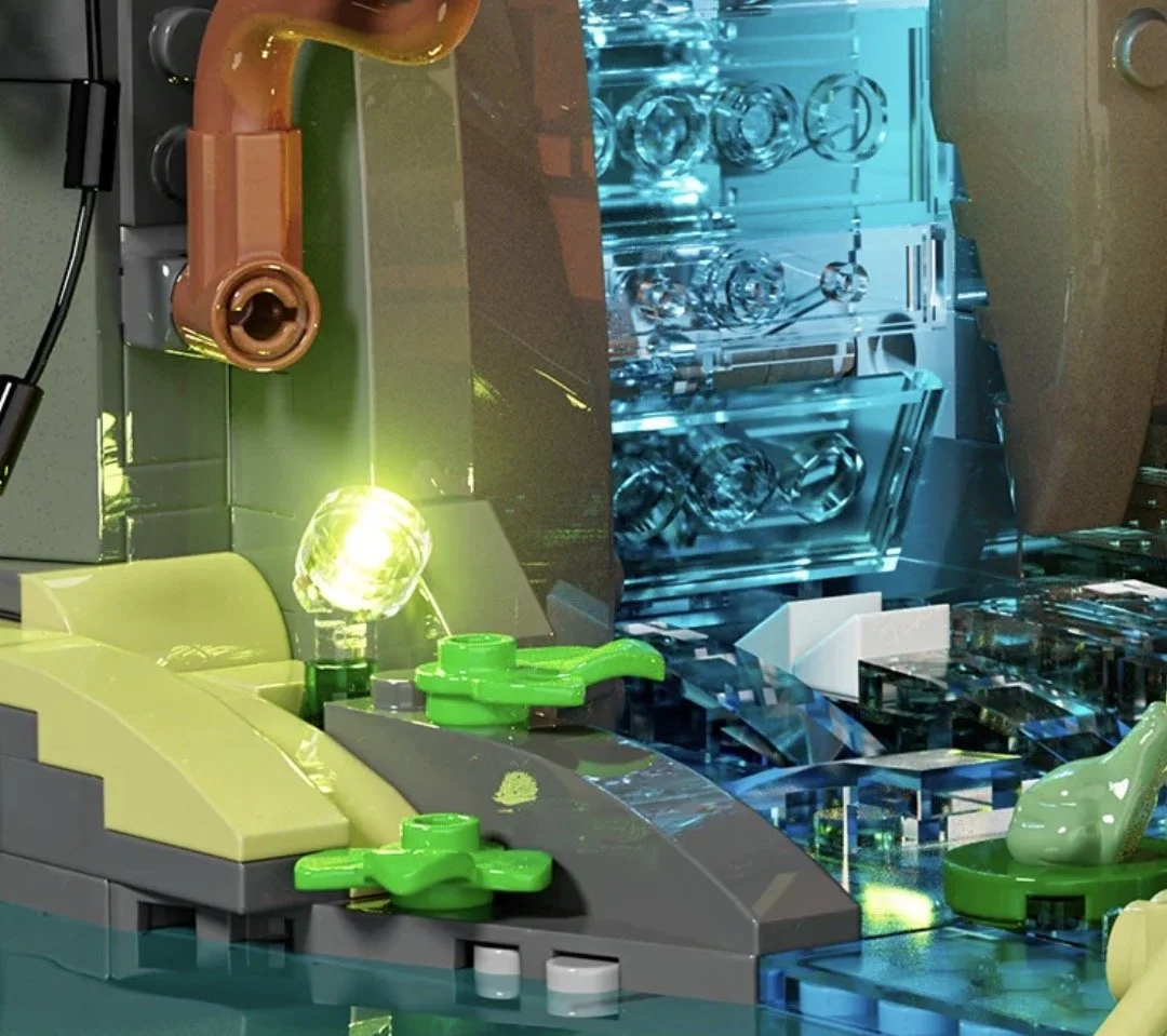 Une scène représentant un laboratoire ou un environnement de recherche avec des objets en plastique transparent, un éclairage vert et une structure en verre bleuté.