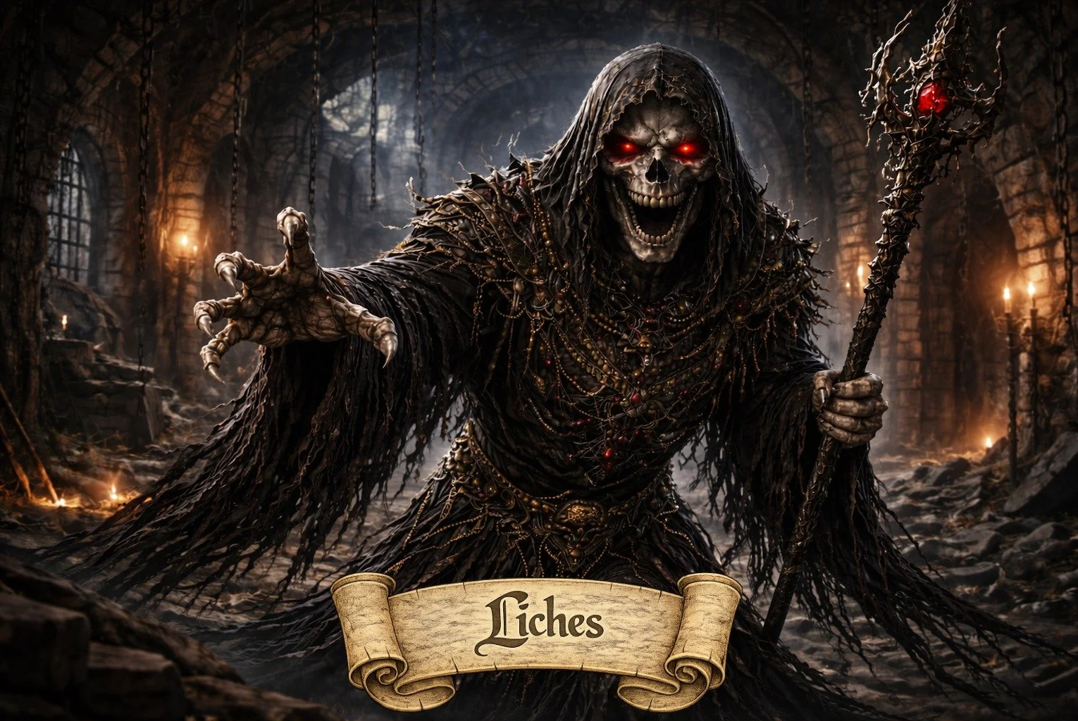 A dark fantasy scene featuring a sinister figure with glowing red eyes, skeletal face, and tattered black robes holding a staff, inside a medieval dungeon-like setting with flickering torches and chains hanging from the ceiling.