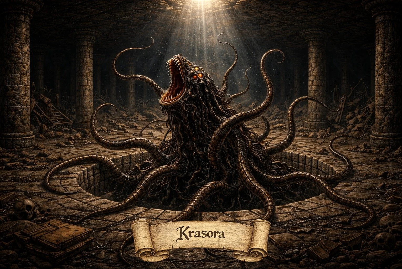 Dark, ancient dungeon with stone columns and a central pool where a monstrous, tentacled creature with glowing eyes and a gaping mouth emerges, illuminated by a beam of light from above. The scene is filled with rubble, skulls, and scattered books, with a scroll at the bottom labeled 'Krasora'.