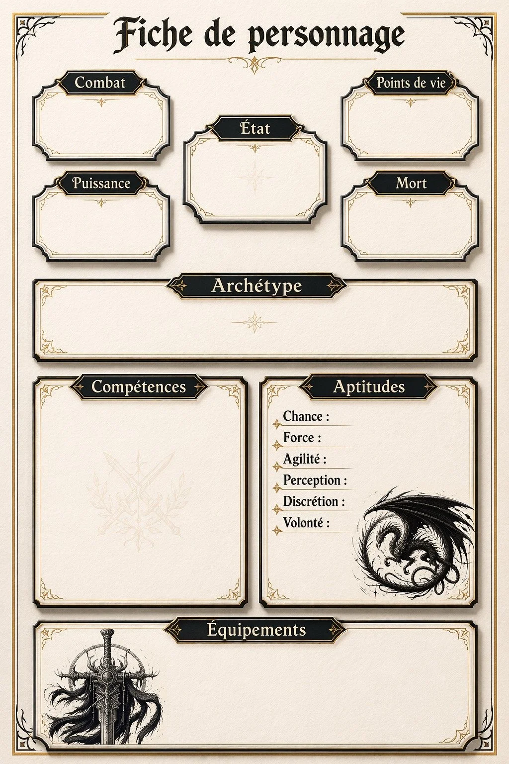 French character sheet titled 'Fiche de personnage' with sections for combat, life points, power, state, death, archetype, skills, abilities with a dragon illustration, and equipment with a sword illustration.