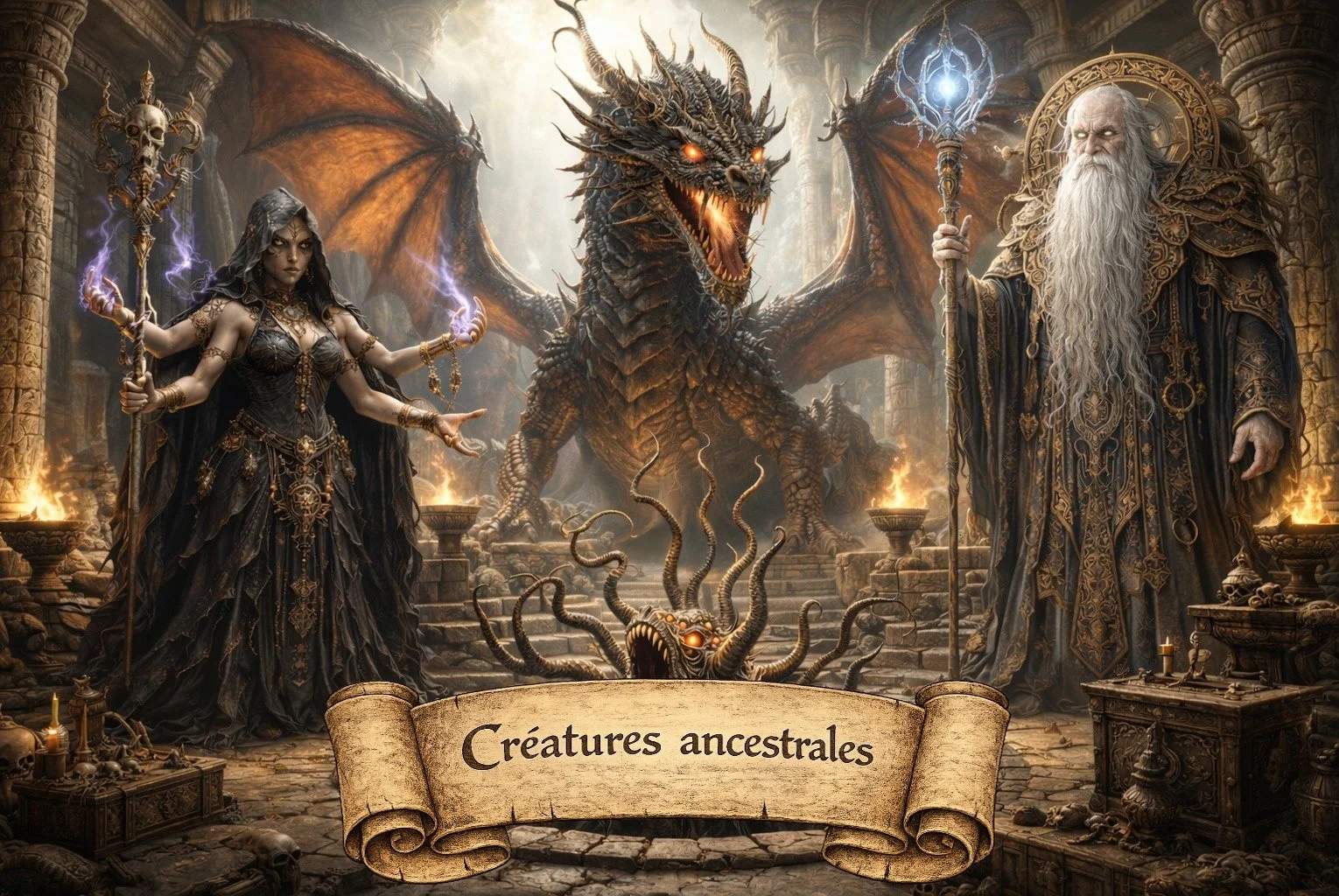 An illustration of mythological or fantasy creatures with a female sorceress holding a staff with a skull, a large dragon with glowing eyes and wings in the background, and an old wizard with a long white beard holding a staff, with a tentacled creature with glowing eyes in the foreground. The scene takes place in a stone chamber with fire-lit torches and debris, and a banner at the bottom reads "Créatures ancestrales".