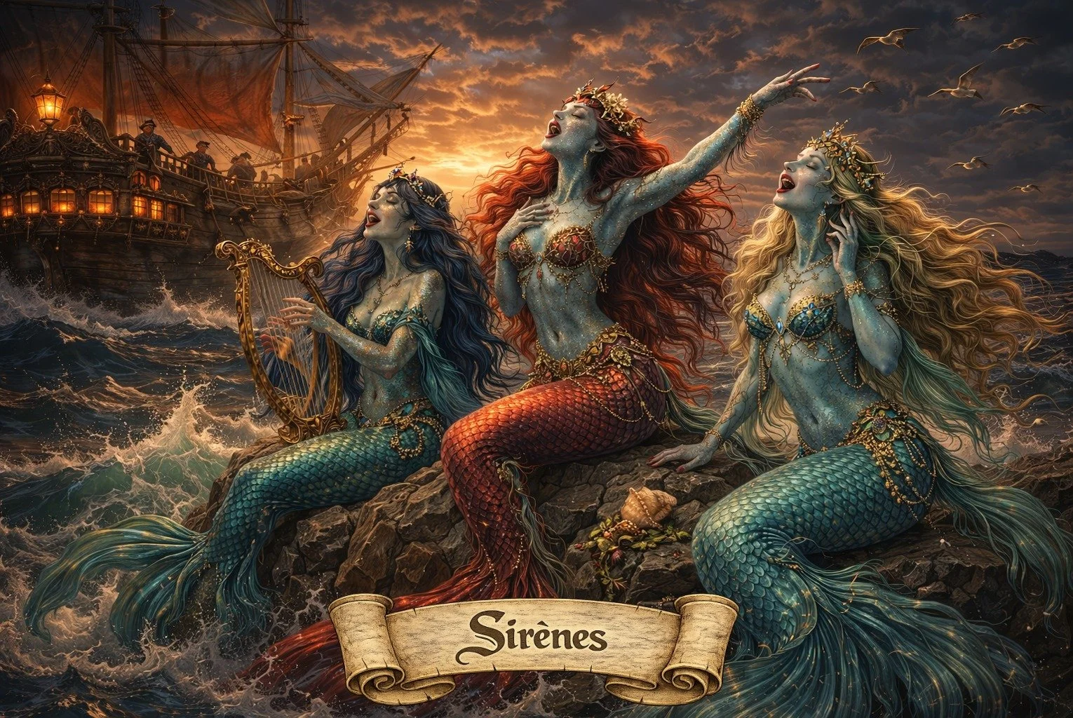 Three mermaids with colorful tails and crowns on rocks near the ocean, singing with a ship sailing in the background at sunset.