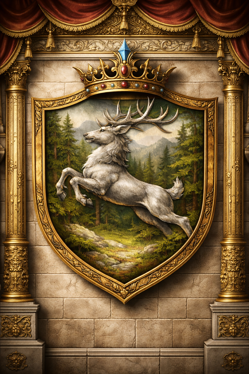 A decorative heraldic shield featuring a silver stag with large antlers, leaping through a lush forest landscape, topped with a gold crown and framed by ornate golden columns and red curtains.