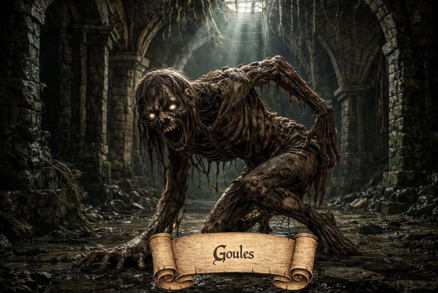 A monstrous, zombie-like creature with glowing eyes and sharp teeth crouching in a dark, ancient stone ruin with overgrown vines.