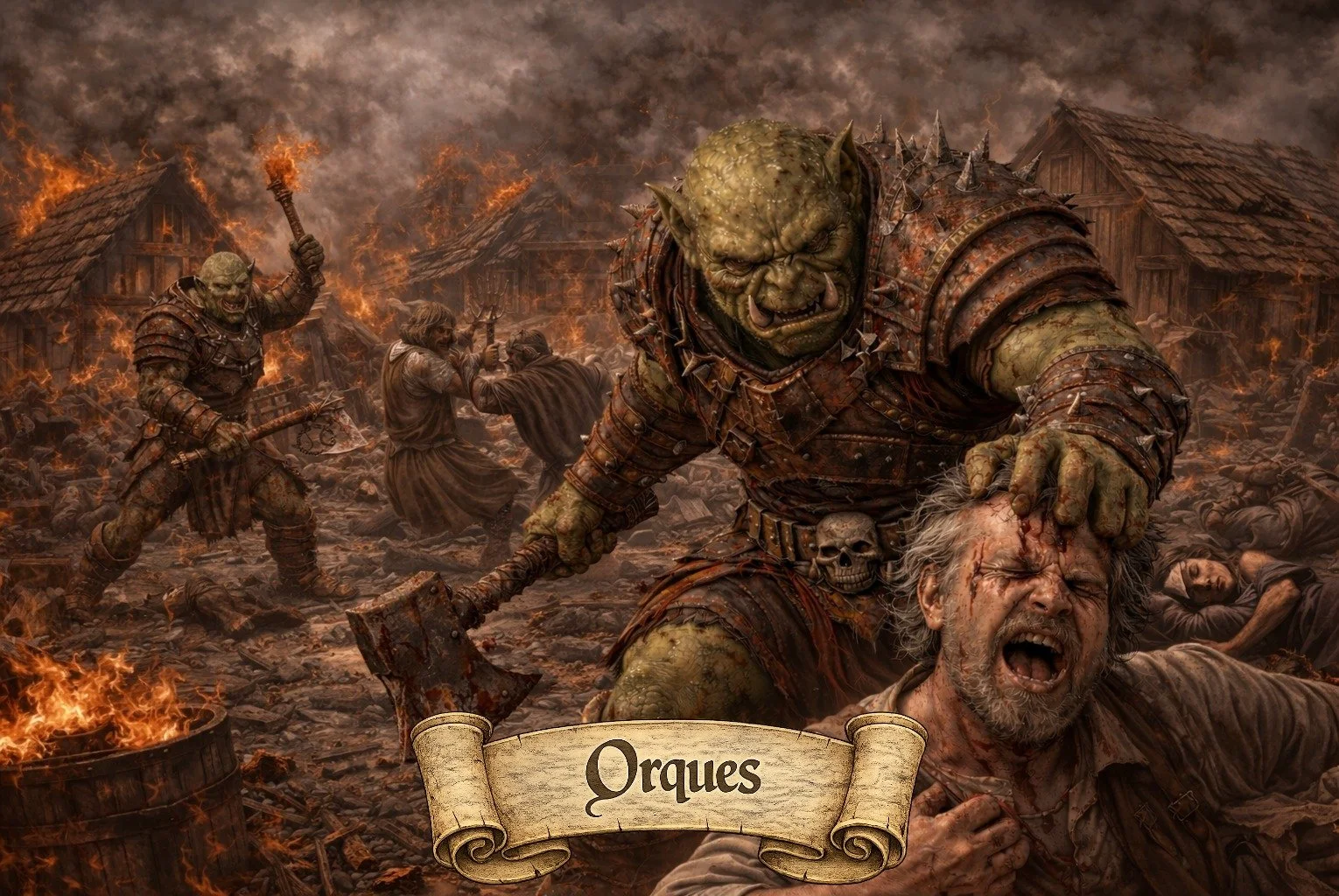 A fantasy scene depicting orcs attacking a village, with the largest orc, wearing armor and spikes, grabbing a man's head and slamming it with a weapon. Other orcs are fighting villagers amidst a background of burning buildings and smoke.