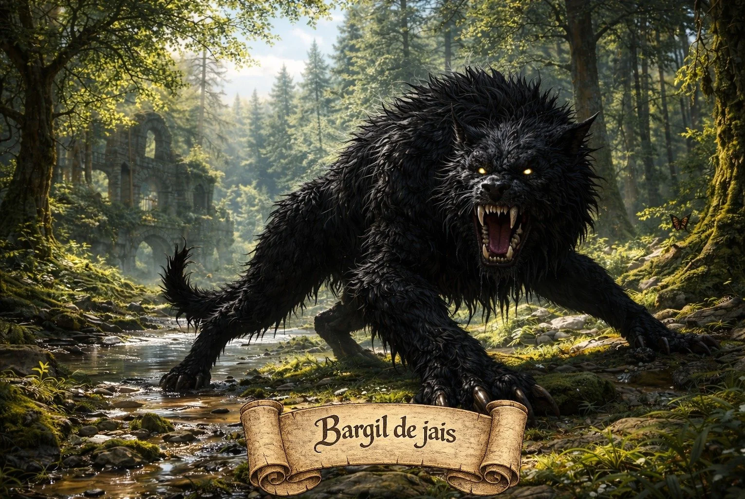 A large, fierce black wolf-like creature with glowing eyes and bared fangs snarling in a lush green forest with trees and a creek, and a banner with the Latin phrase "Bargil de jais" at the bottom.