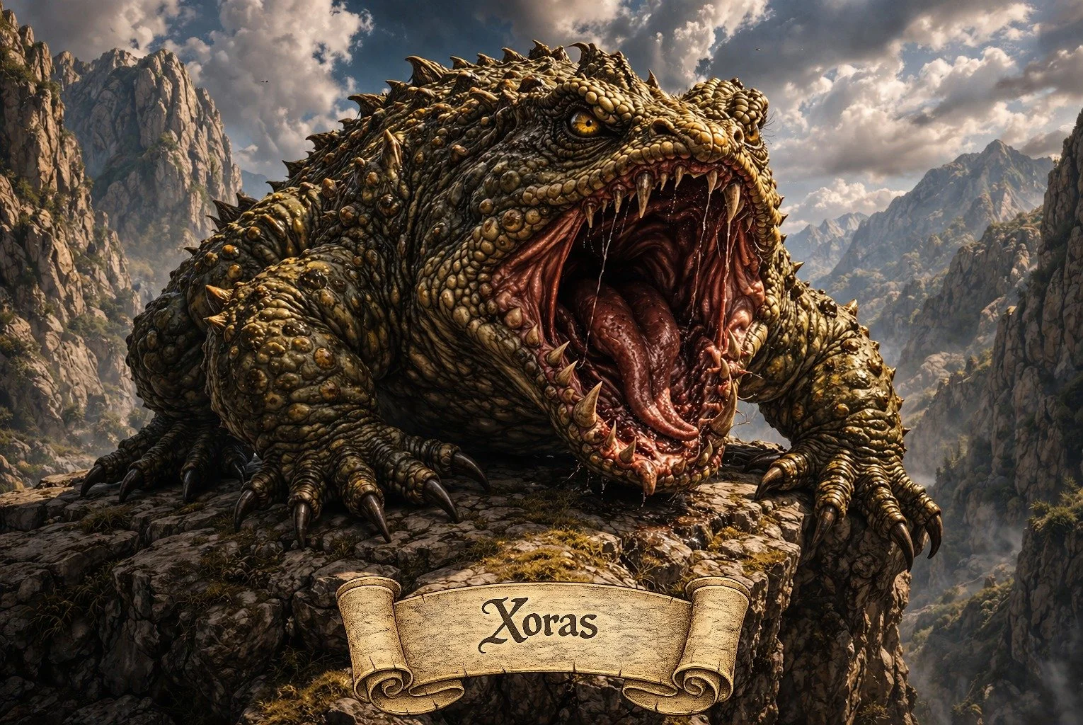 A large, monstrous creature resembling a lizard or dinosaur with dark, textured, spiked skin, sharp claws, and a fierce expression, standing on rocky terrain with mountains in the background. A banner at the bottom reads 'Xoras'.