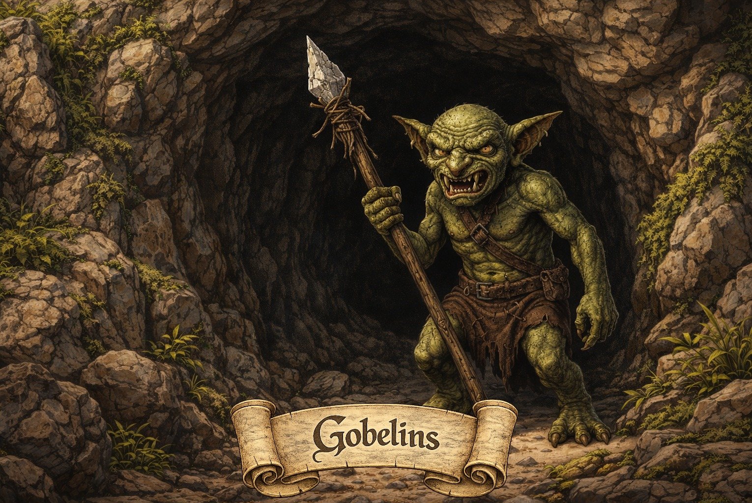 A goblin with green skin, sharp teeth, and pointed ears standing in front of a dark cave opening. It is holding a staff and wearing tattered brown clothing. A scroll banner at the bottom reads 'Gobelins'.