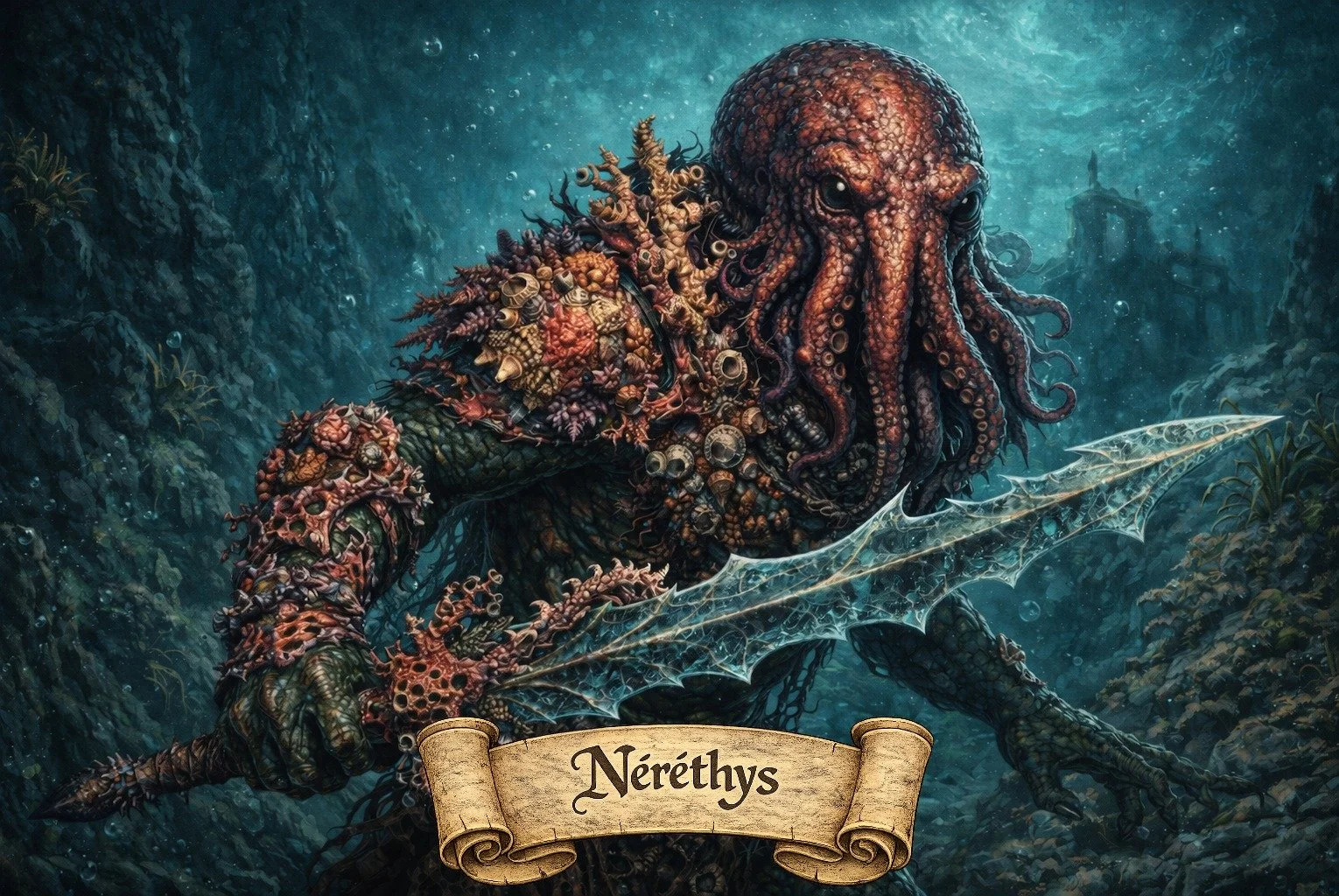 An artistic depiction of Nérethy, an octopus-like creature with a body covered in seashells and coral, holding a transparent, jagged sword, set in a deep underwater scene with mountains and a tower in the background.