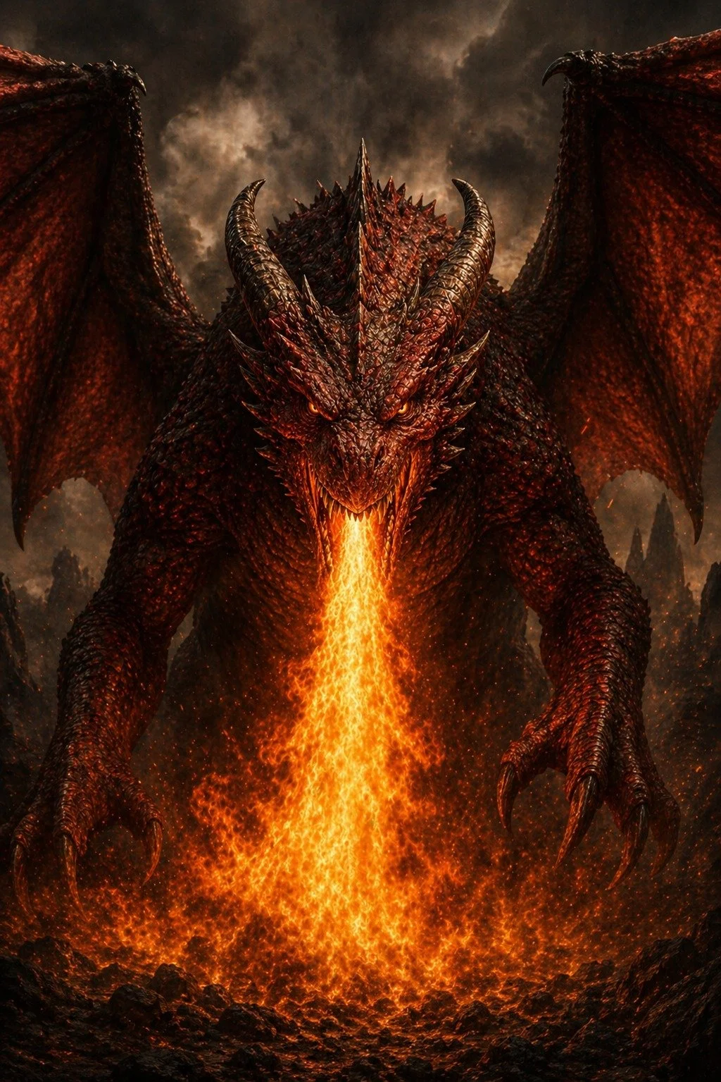 A large, menacing dragon with dark red and black scales, fiery eyes, and sharp horns on its head. It is spewing a stream of bright, glowing lava from its mouth against a dark and stormy background.