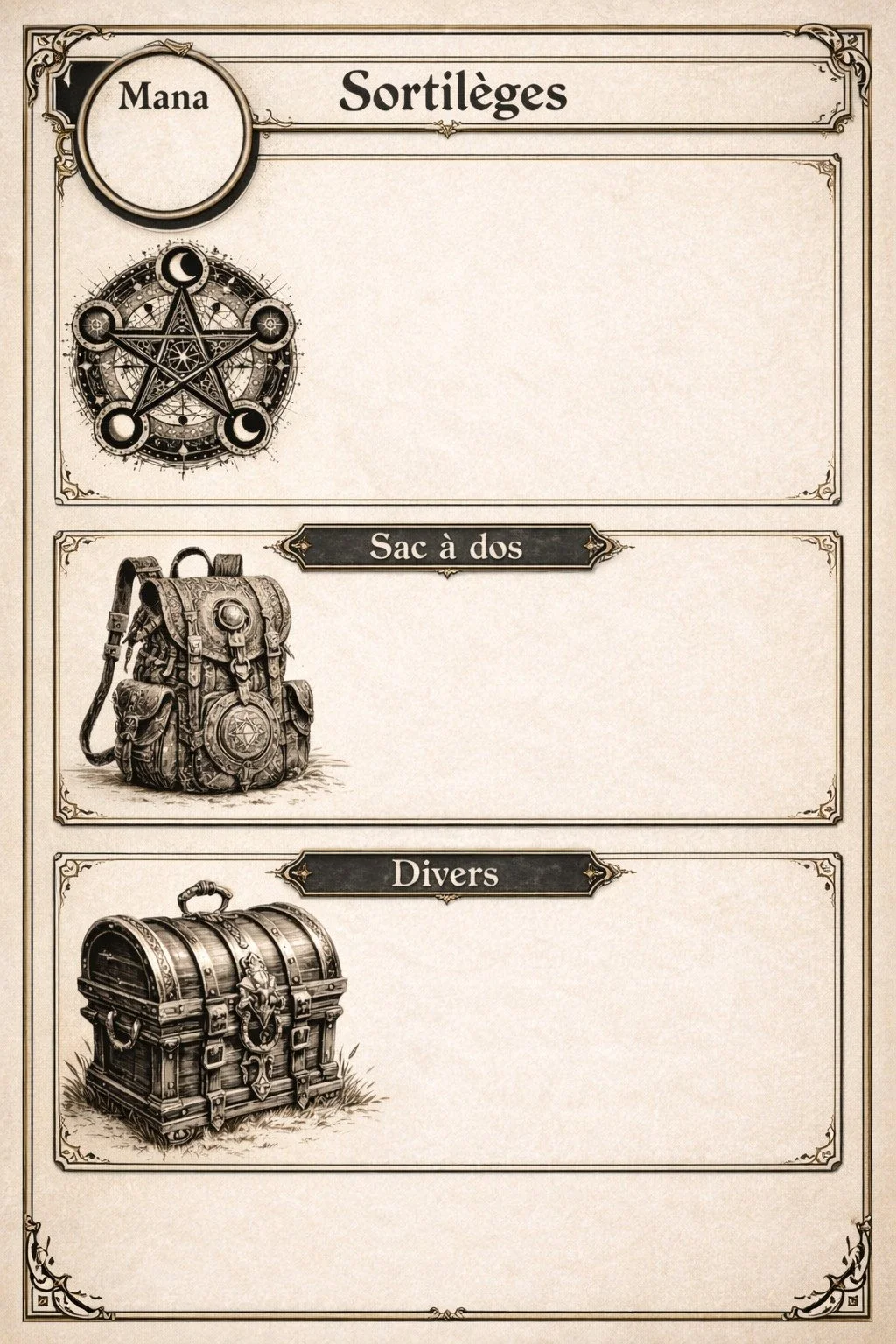 Game interface screen with a title "Sortilèges" and sections for "Mana," "Sac à dos" with a backpack illustration, and "Divers" with a treasure chest illustration, all in a fantasy style.