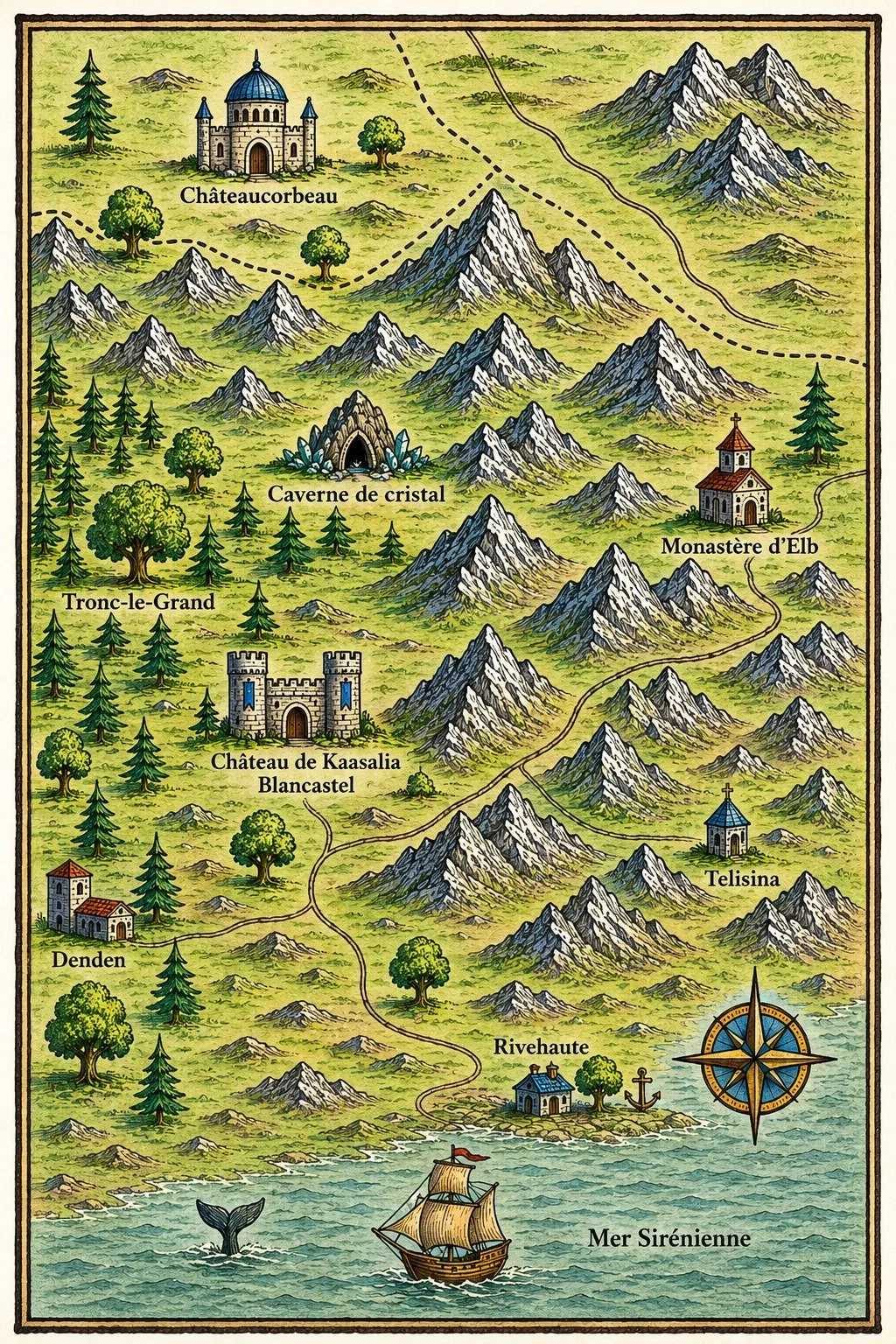 A illustrated map of a fantasy land featuring mountains, castles, a crystal cave, a monastery, a church, a village, a harbor, and a ship on the sea. Locations are labeled in French, including Châteaucorbeau, Caverne de cristal, Tronc-le-Grand, Château de Kaasalia, Blancastel, Denden, Rivehaute, Telisina, Rivehaute, and Mer Sirénienne. A compass rose is in the bottom right corner.