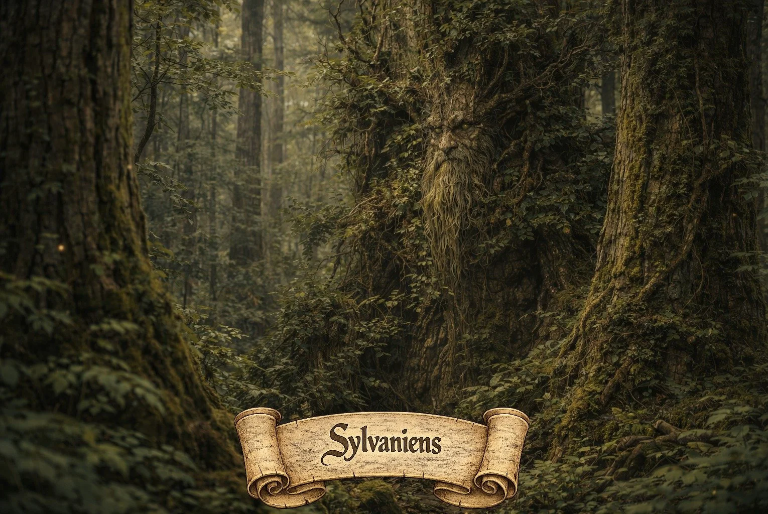 A dense, lush forest with tall moss-covered trees and a foggy atmosphere. There is a wooden scroll banner at the bottom with the word 'Sylvaniens' written on it.