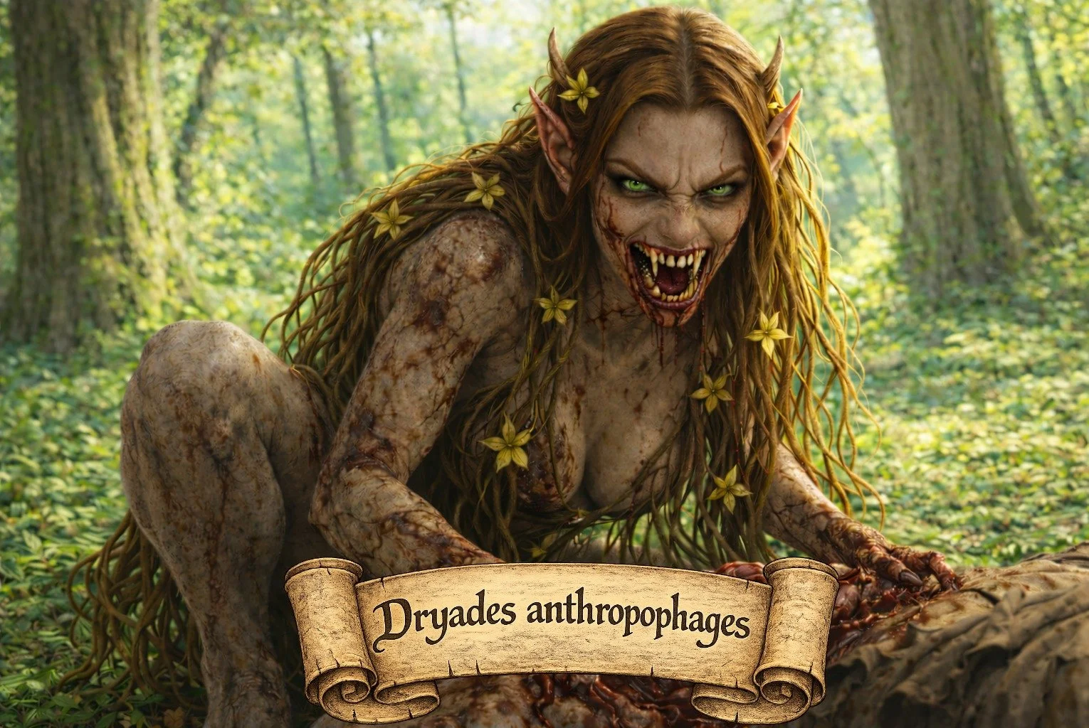 A fantasy creature resembling a ferocious, humanoid monster with green eyes, sharp teeth, long brown hair decorated with yellow flowers, and elongated ears, crouched in a lush green forest. The creature appears to be snarling or growling, with a banner at the bottom that reads "Dryades anthropophages."