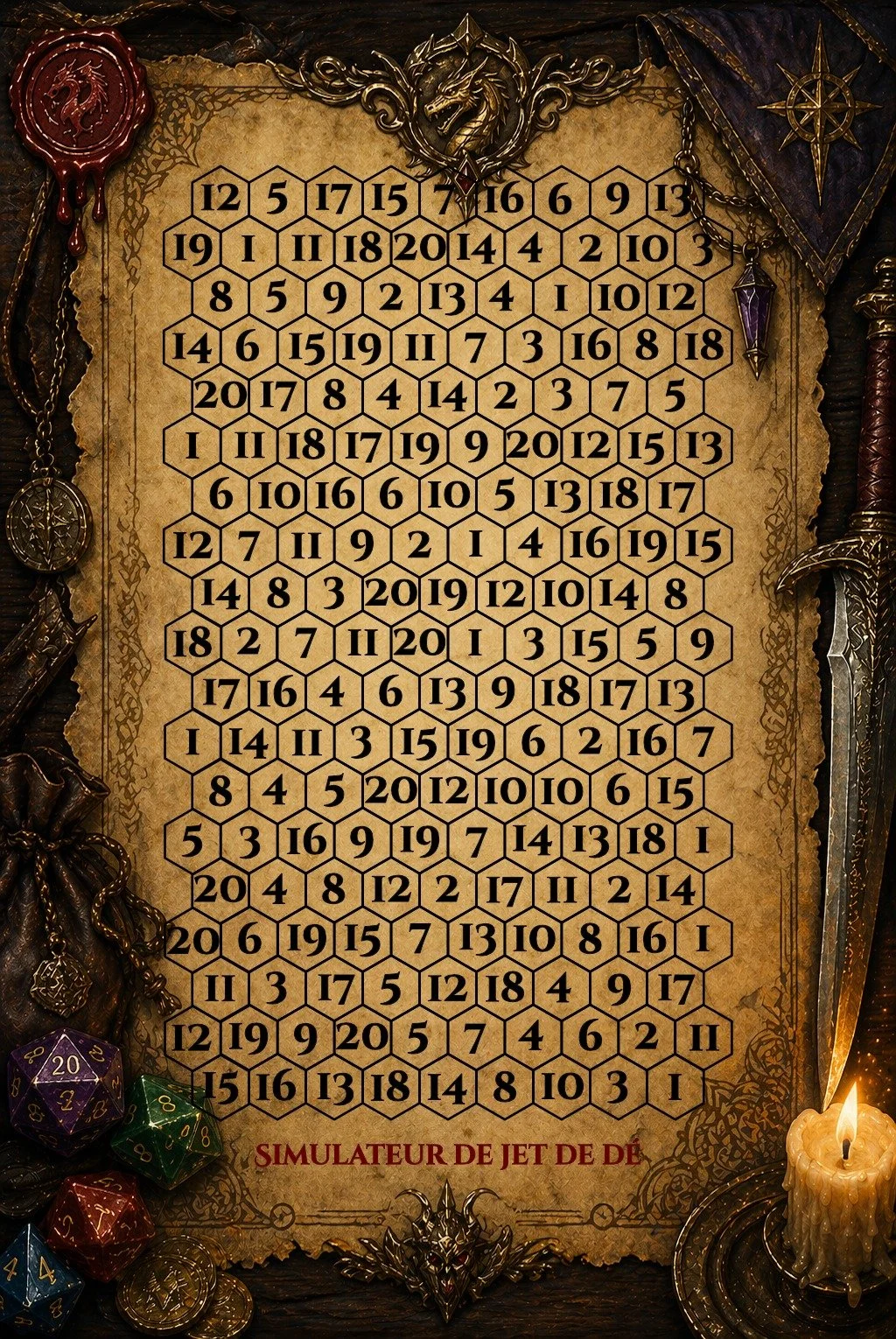 A game board with a fantasy theme featuring a dragon emblem at the top, a scroll-like background, and a grid of numbered hexagons. Surrounding the board are decorative items such as a wax seal, a dagger, a compass, and a candle, with text in French that reads "Simulateur de Jet de D".