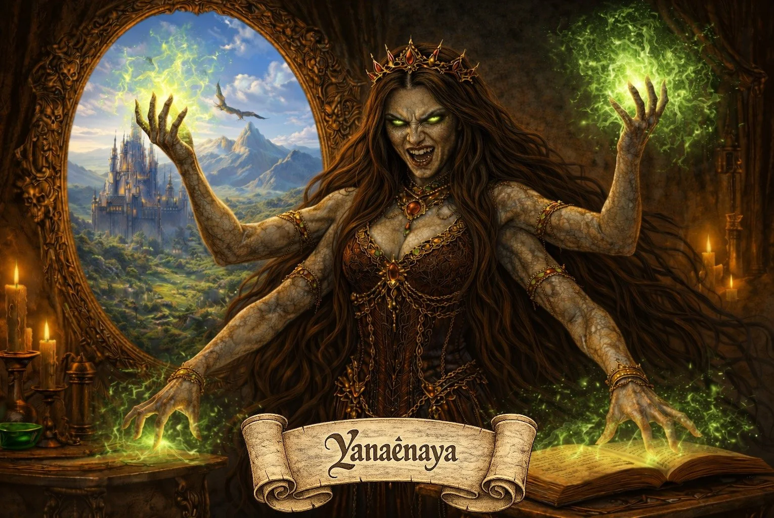 A fantasy illustration featuring a wicked witch with green glowing eyes, long brown hair, and a crown, summoning green magic from her hands in front of a magical portal showing a castle and mountains. A banner with the text 'Yanaënaya' is at the bottom.