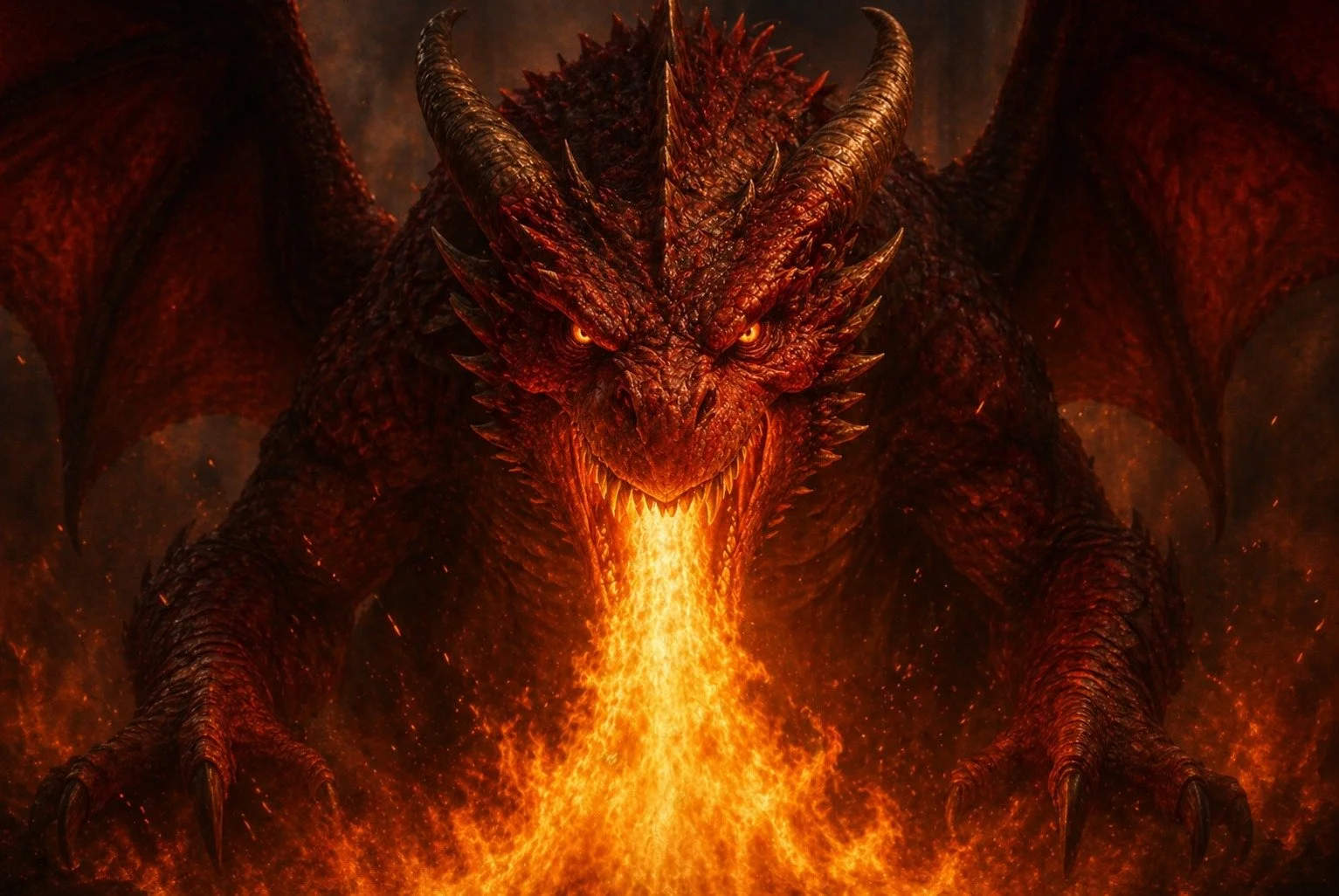 A fierce red and orange dragon with glowing eyes breathing fire.