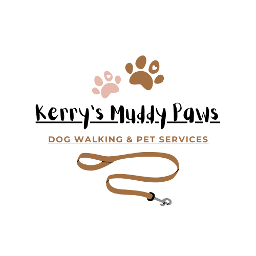 Logo for Kerry's Muddy Paws Dog Walking & Pet Services featuring pink and brown paw prints and a brown dog leash.