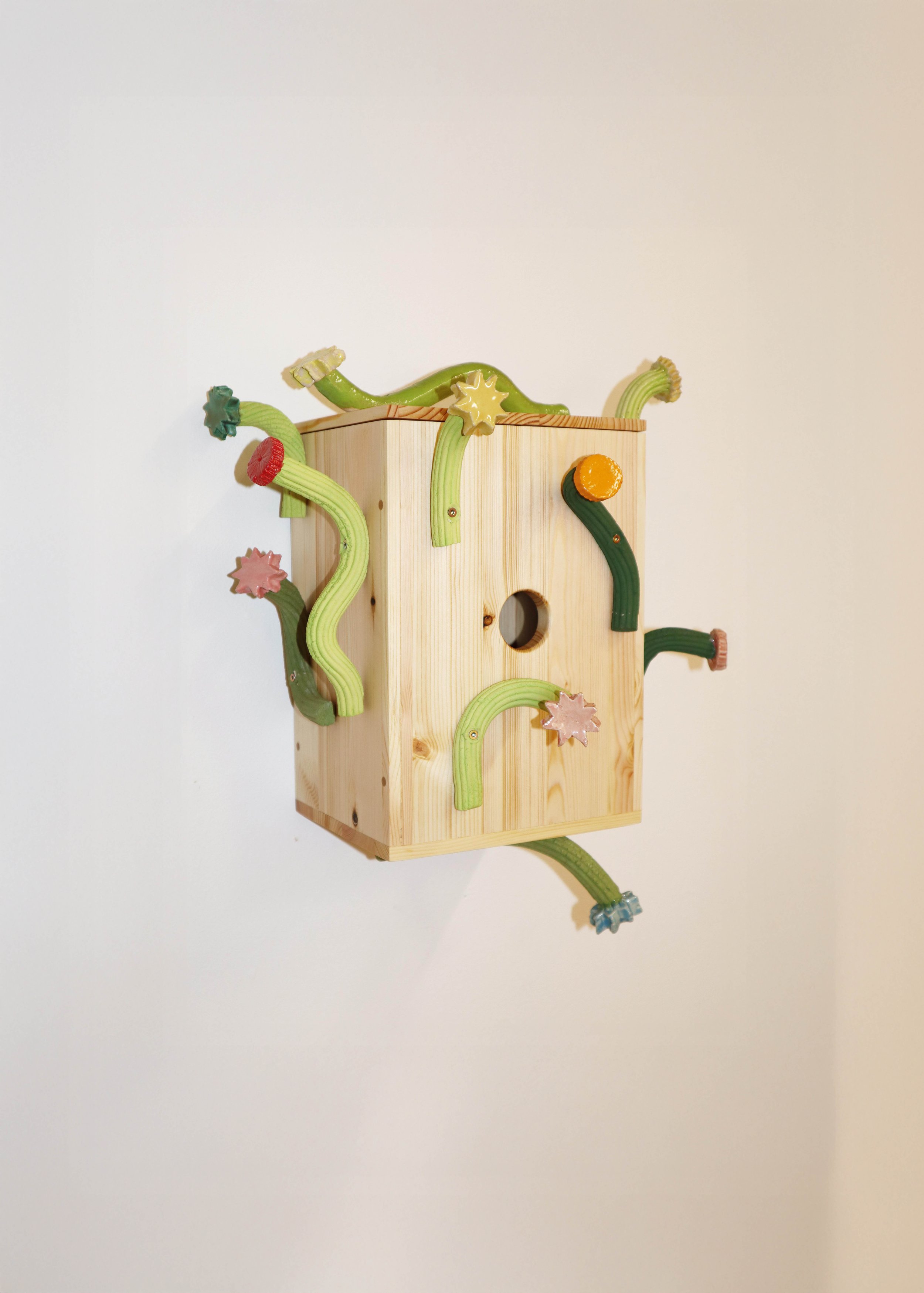 A wooden maze with colorful, flexible plastic tubes connected to the sides, designed for a ball to travel through the maze.