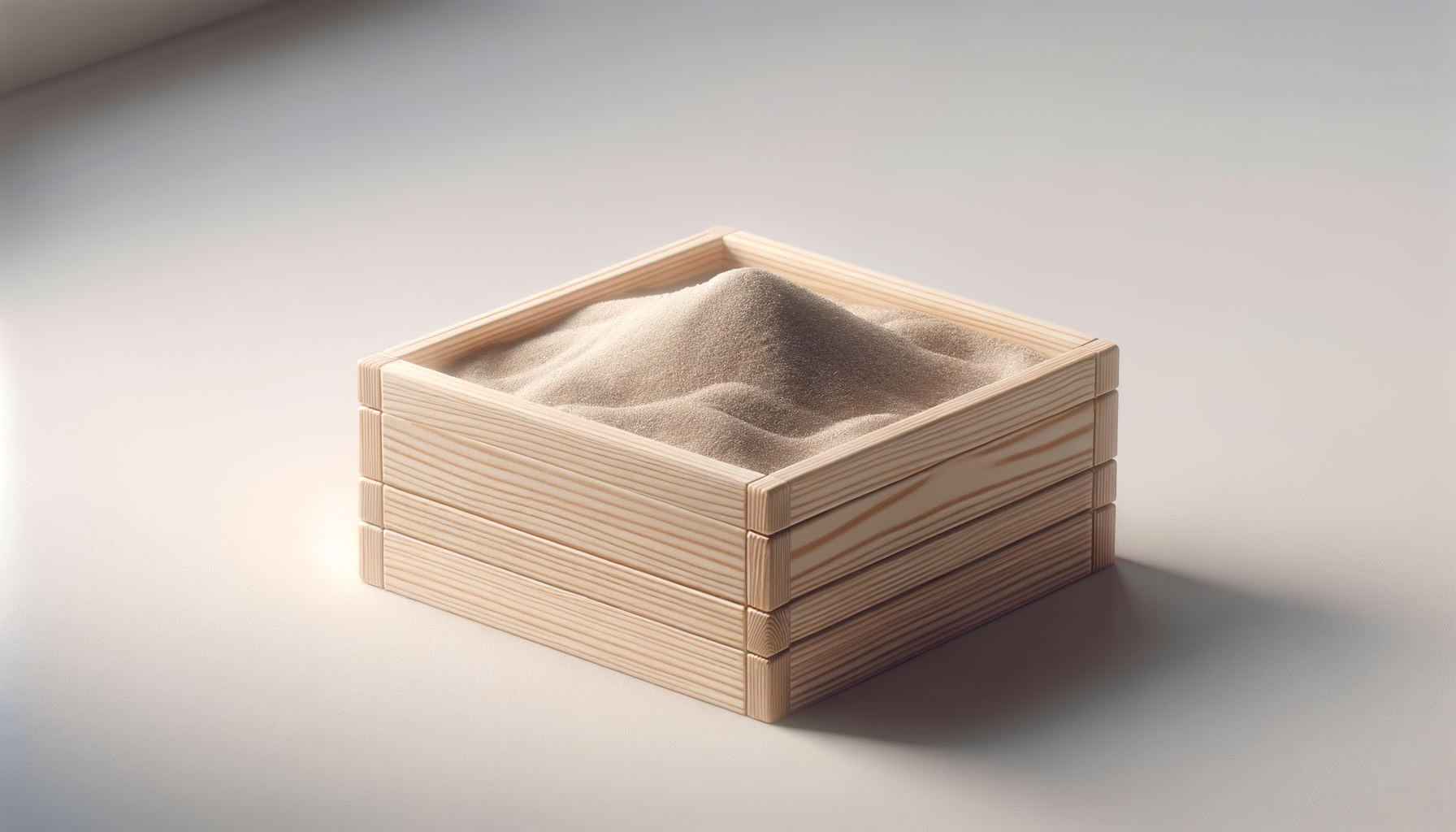 A square wooden box filled with fine sand, placed on a white surface with subtle shadows.