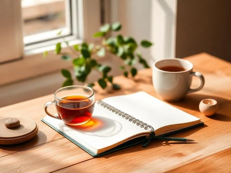 A wooden desk with a glass cup of tea, an open notebook, a white mug of tea, a small round object, and a green plant in the background near a window.