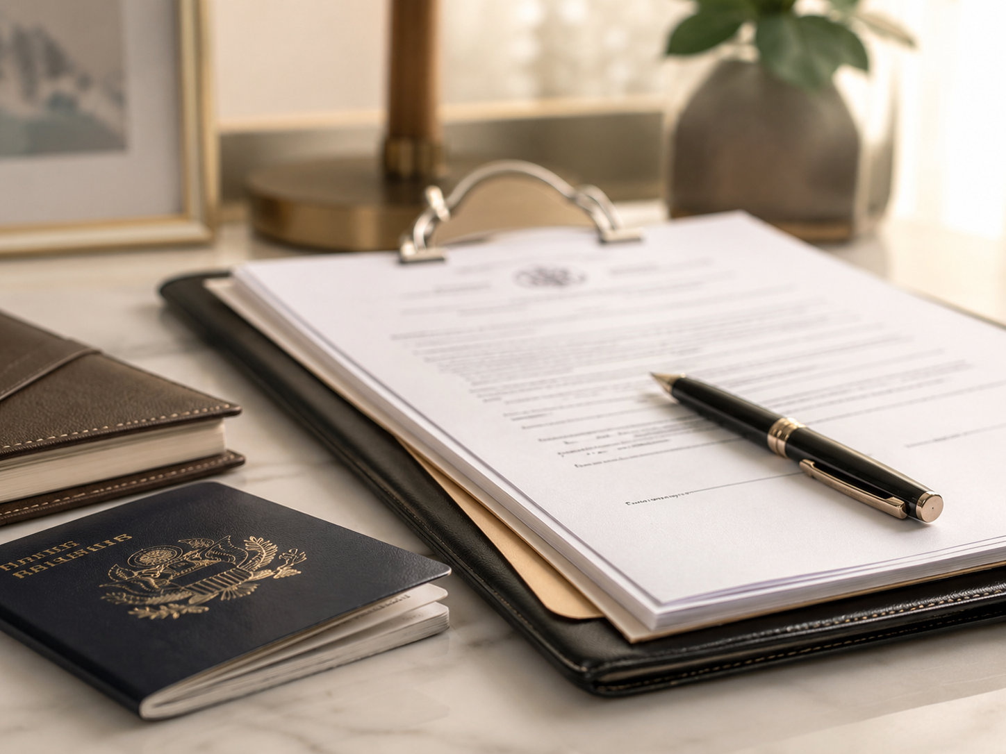 Legal documents and a pen on a desk, with a family Bible, a notebook, and a framed picture in the background.