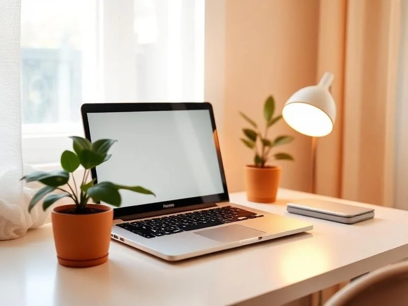 Clean workspace with a laptop, two potted plants, a desk lamp, and a closed book on a white desk near a window.