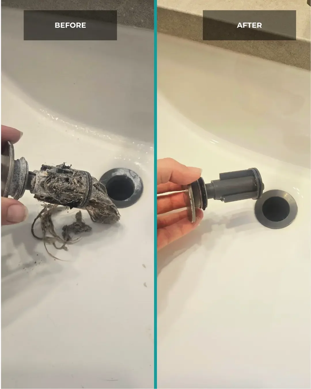 Side-by-side comparison of a clogged and clean bathtub drain plug, showing a dirty, debris-filled plug before cleaning on the left and a clean, new-looking plug after cleaning on the right.