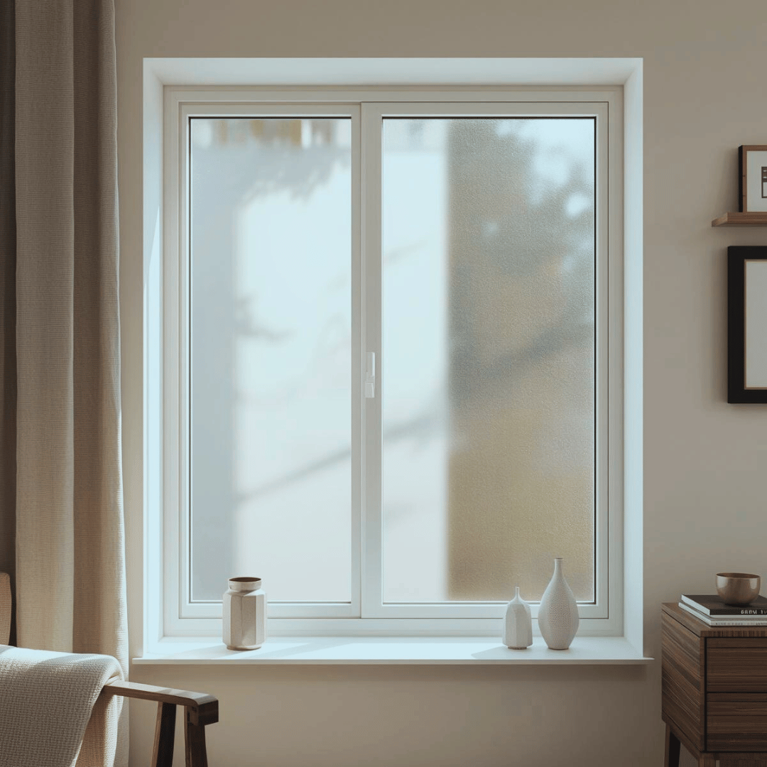A close-up of a frosted glass window in a modern room, with decorative vases on the windowsill and part of a wooden cabinet visible.