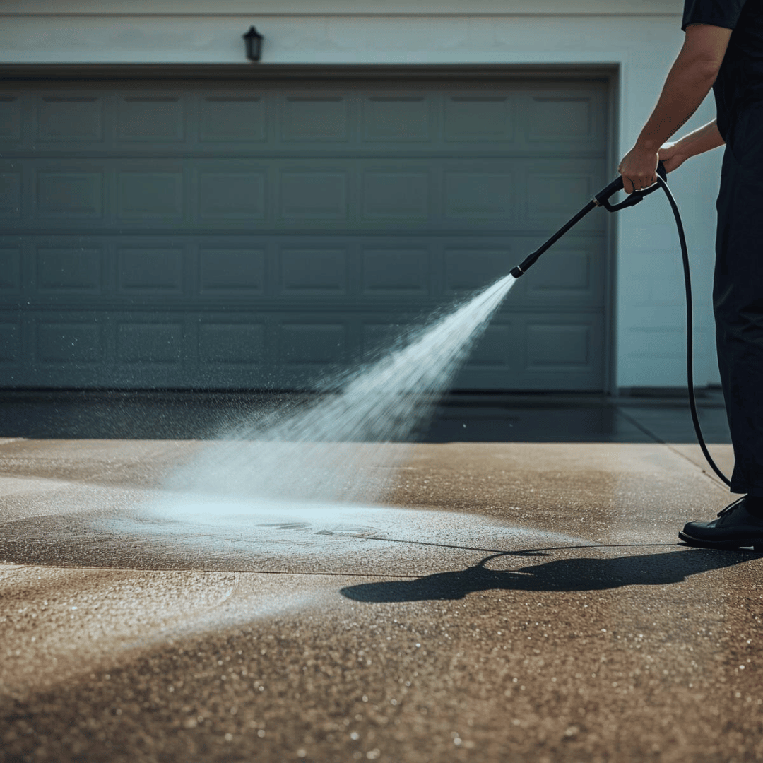 Person pressure washing a concrete driveway in front of a garage door.