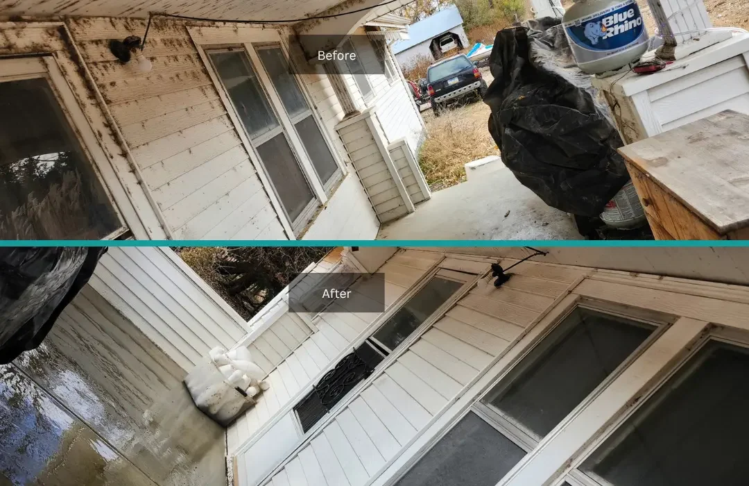 Before and after cleaning of a house porch with white siding, showing dirty and clean surfaces, with a black trash bag and other items on the porch.