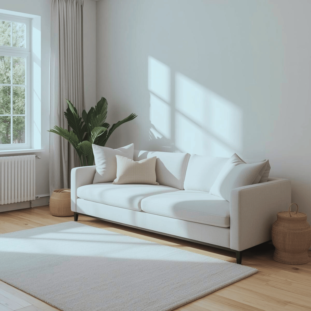 Sunlit living room with a white sofa, beige pillows, a green plant in the corner, a window with curtains, a white rug, and wicker baskets.