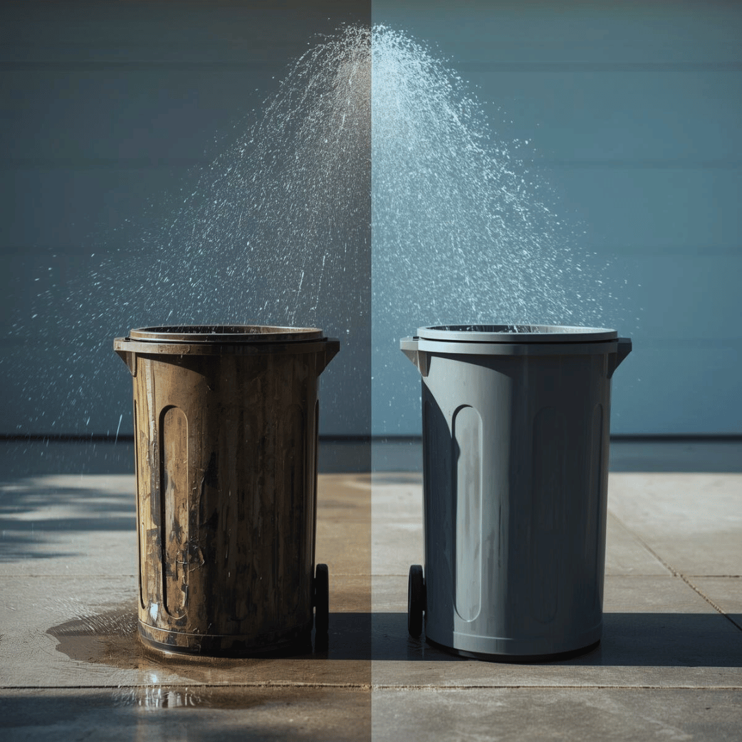 A split view of two trash cans on a sidewalk, with water splashing into each, one appearing dirty and rusty, the other clean and gray.
