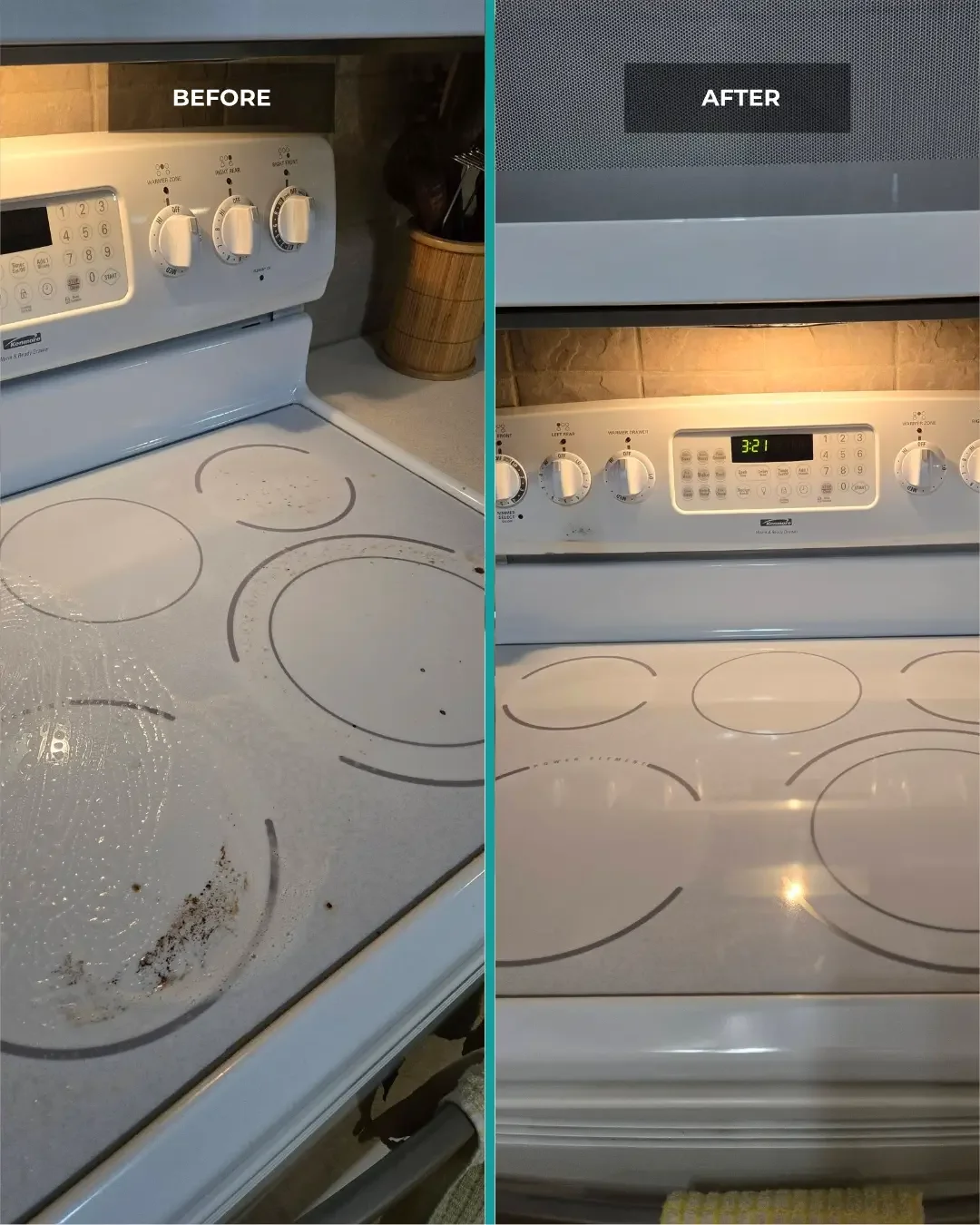 Comparison of a dirty stove top on the left before cleaning and a clean stove top on the right after cleaning.