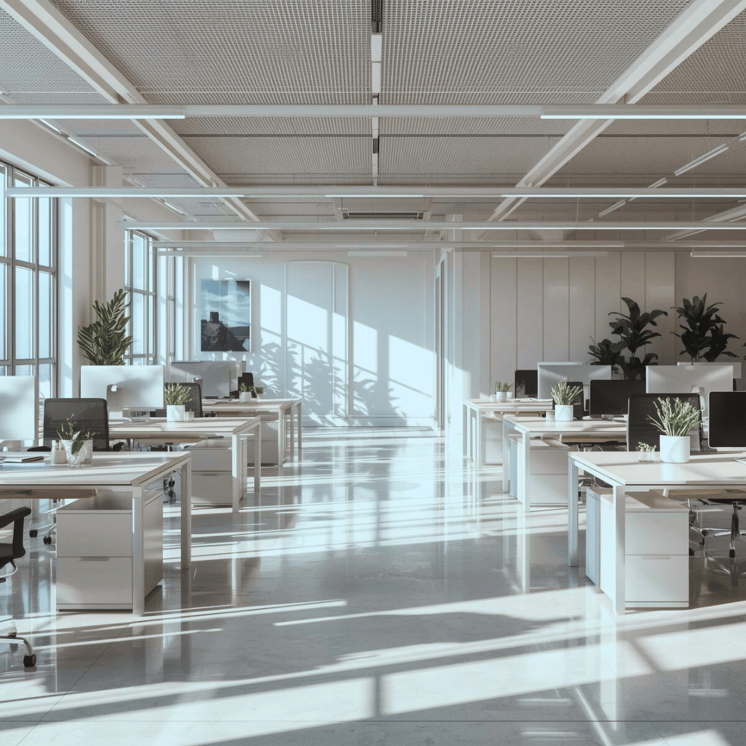 Empty modern office with white desks, black and white chairs, potted plants, large windows with sunlight, and a minimalist design.