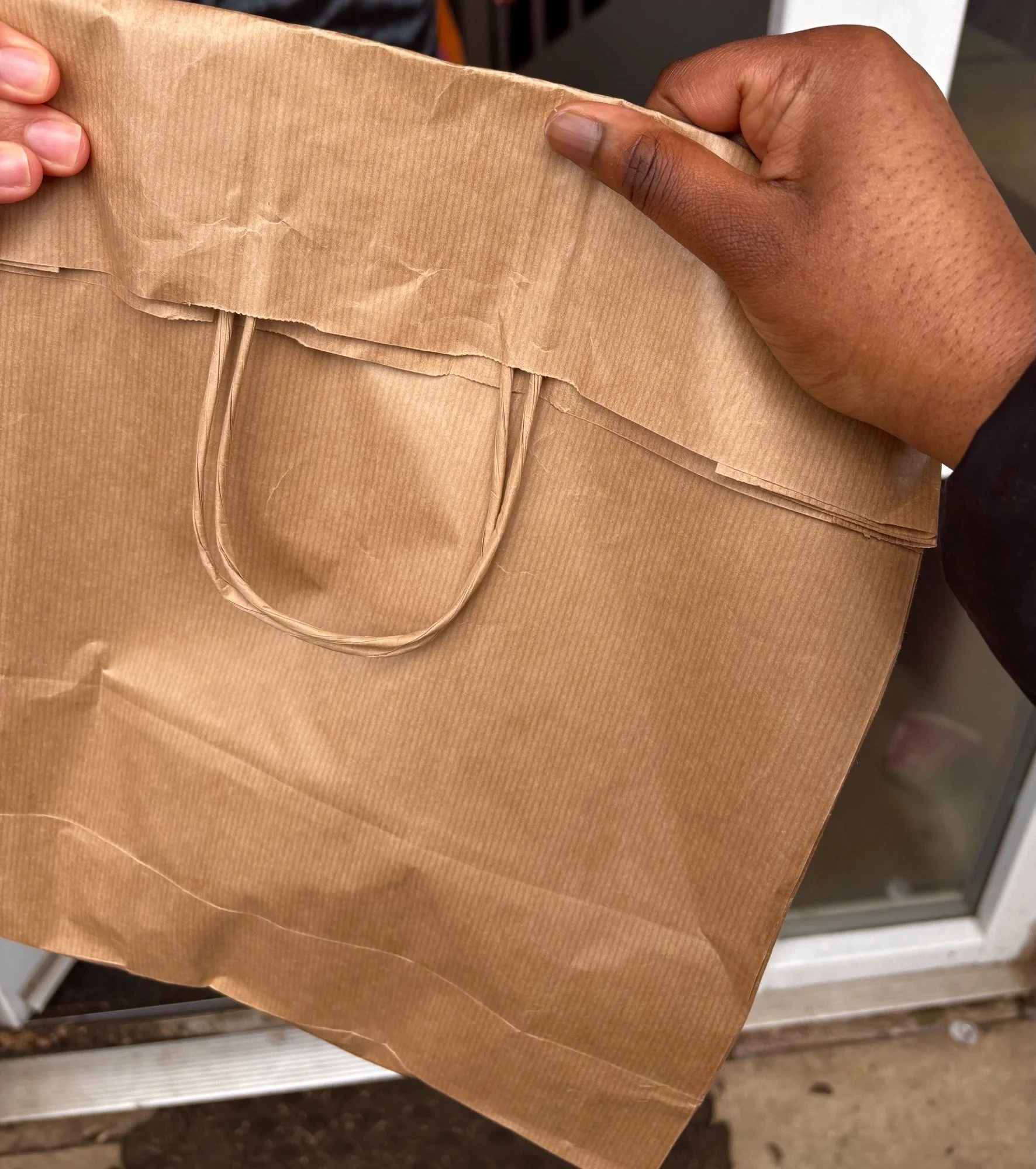 Person holding a paper shopping bag outside near a door.