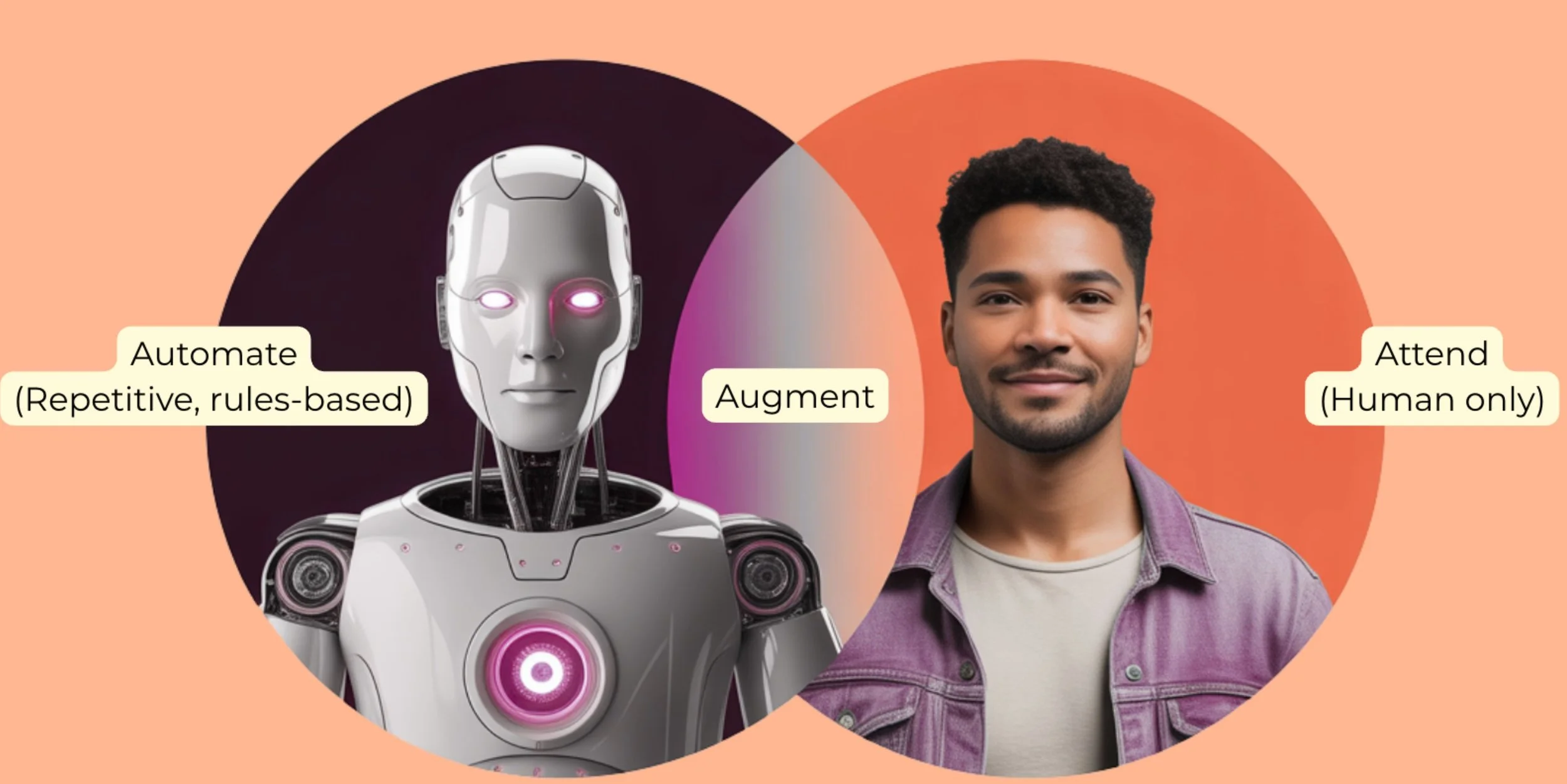 A digital illustration showing a robot and a human. The robot has glowing eyes and a sleek, futuristic design. The human is a young man with short, curly black hair, wearing a light-colored shirt and a purple jacket. Text labels indicate that the robot can 'Automate (Repetitive, rules-based)', the human can 'Attend (Human only)', and the area where they overlap signifies 'Augment'.