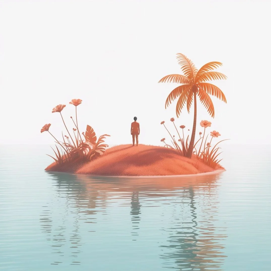 A small tropical island with a palm tree and assorted plants, a person standing on it, surrounded by calm water, with a minimalist and surreal artistic style.