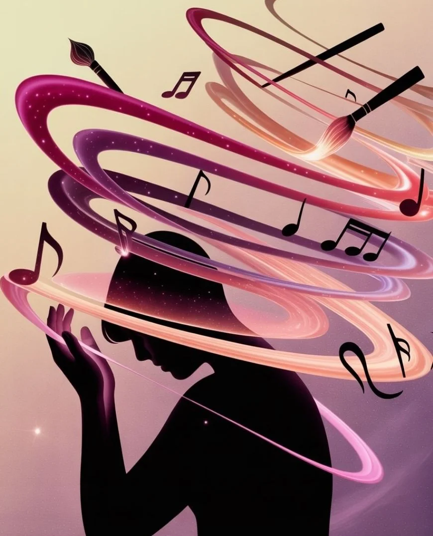 Silhouette of a person with spinning layers of pink, purple, and peach-colored rings around their head, adorned with musical notes.
