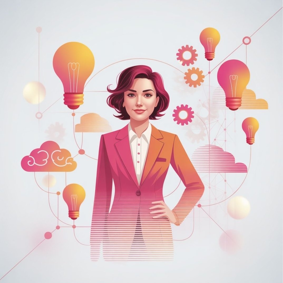 Digital illustration of a professional woman in a business suit, surrounded by icons of light bulbs, clouds, and gears, symbolizing ideas, innovation, and thinking.