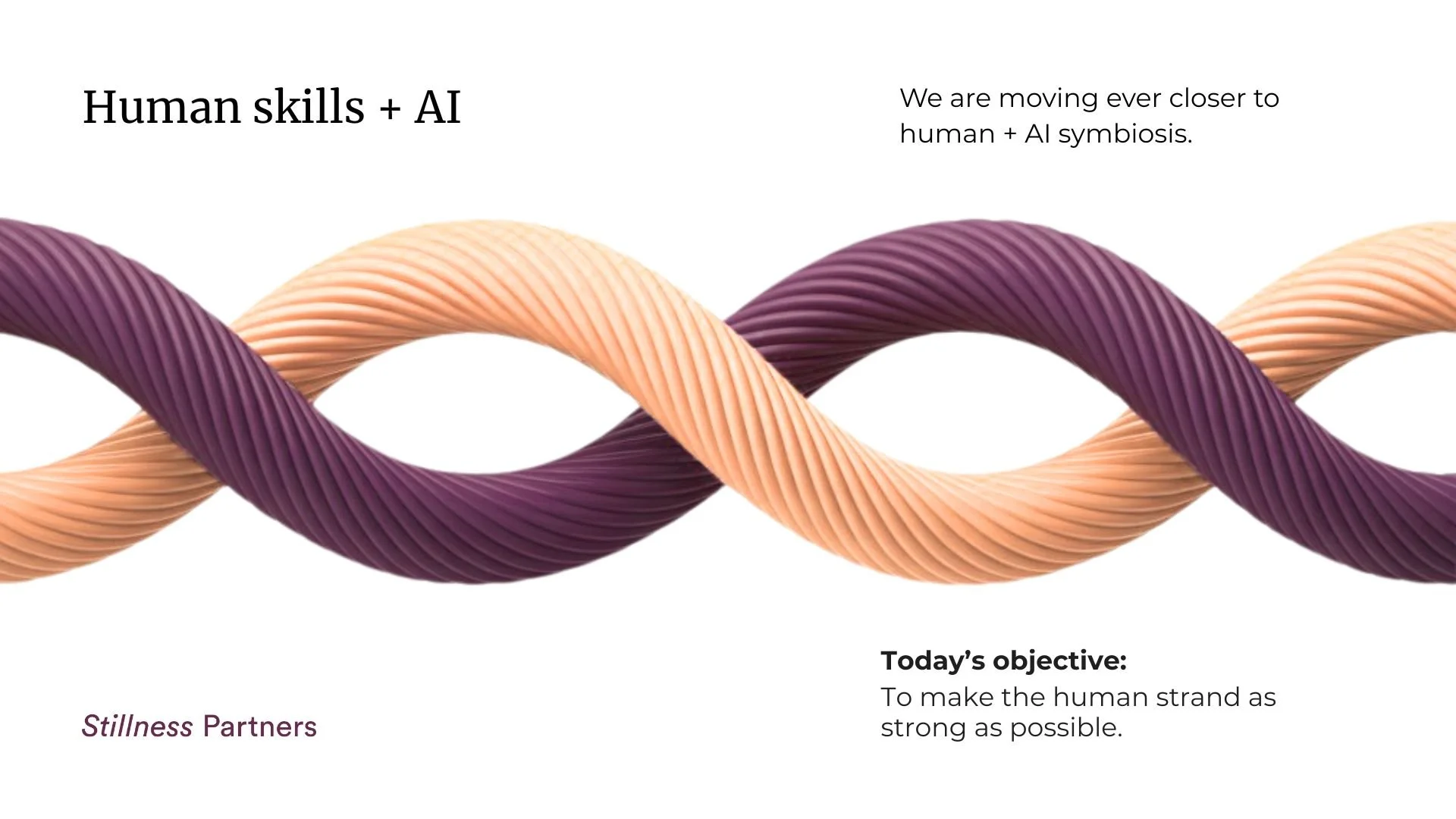 Two intertwined twisted cords or ropes, one beige and one purple, on a white background with text about the integration of human skills and AI.