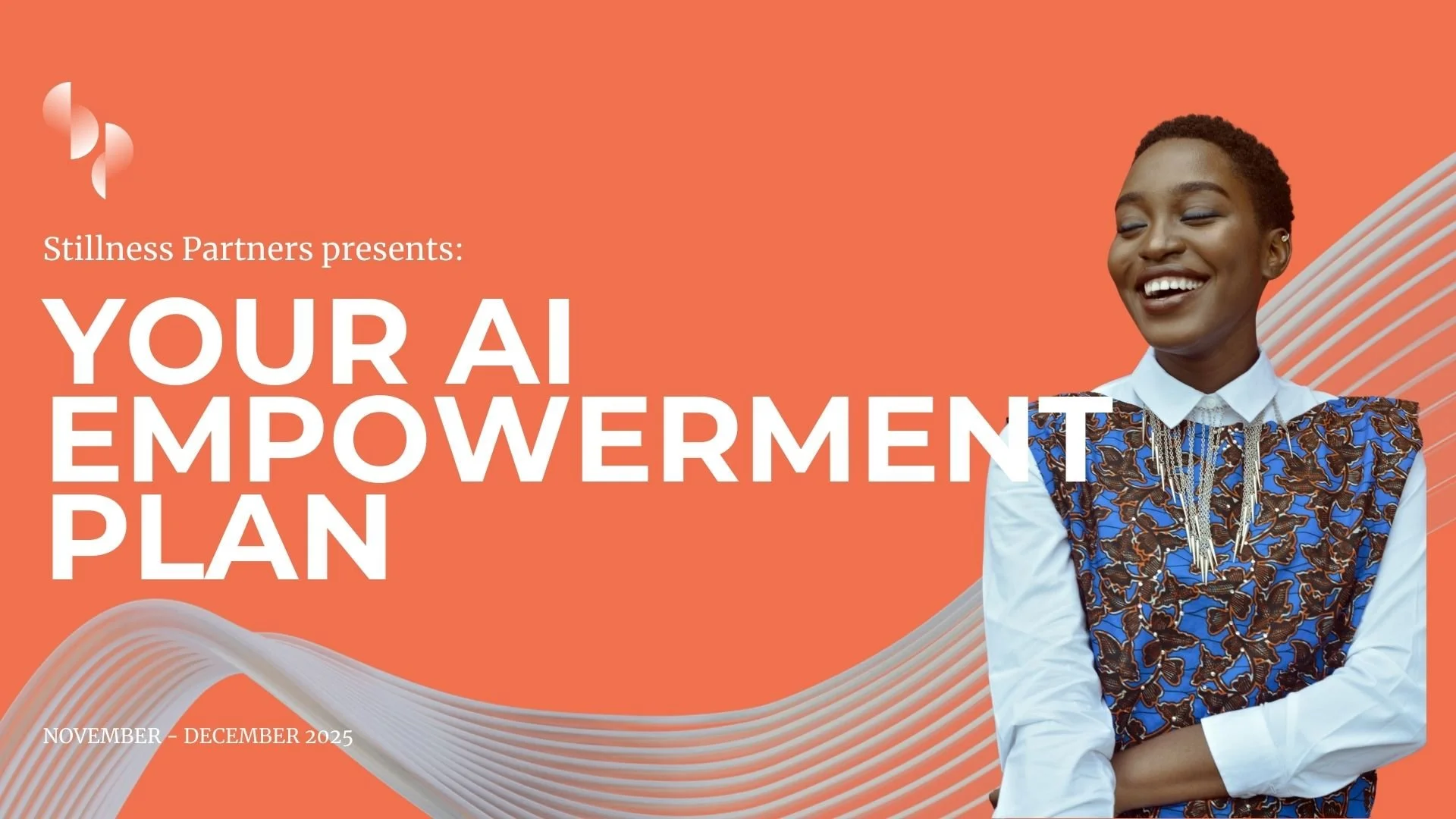 A promotional graphic for an AI empowerment plan event features a smiling woman with short hair wearing a patterned top and a white shirt underneath, with a vibrant orange background and white wave design elements.