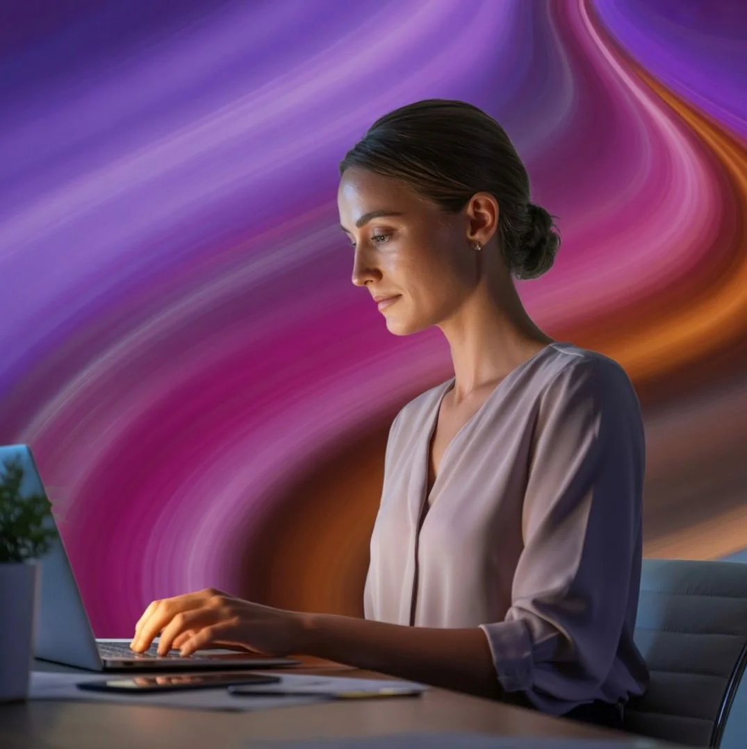 A woman working on a laptop at a desk with a blurred purple and orange swirling background.