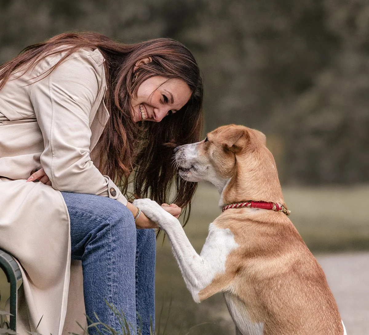 Frau mit braunem Hund, die Hand küsst