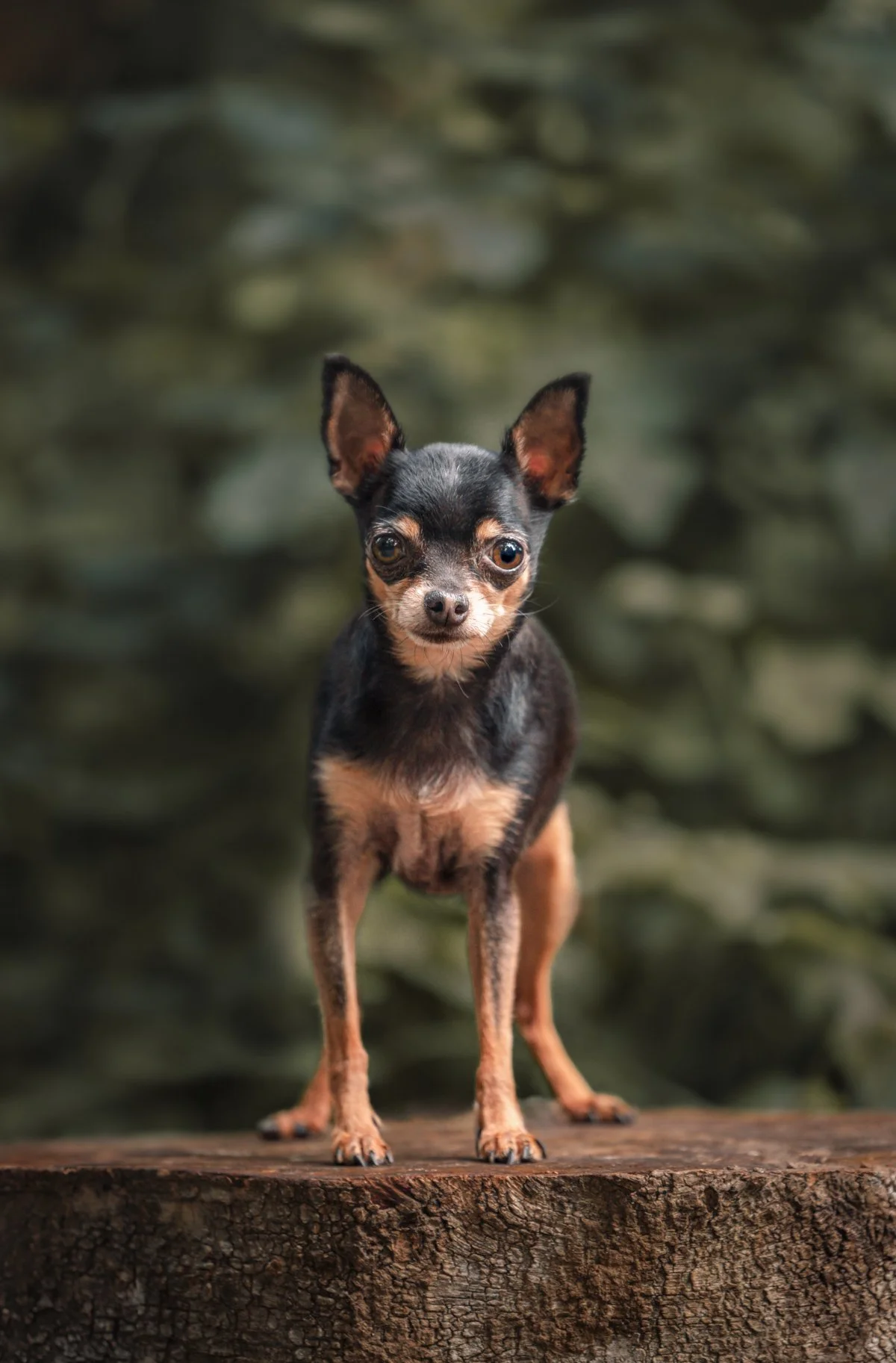 Kleiner Chihuahua-Hund steht auf einem Baumstamm vor grünem, unscharfem Hintergrund.