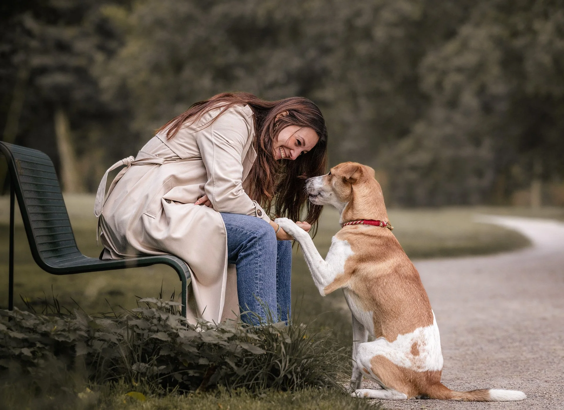 Eine lachende Frau sitzt auf einer Bank im Freien und hält die Pfote eines sitzenden Hundes, der aufmerksam zu ihr schaut.