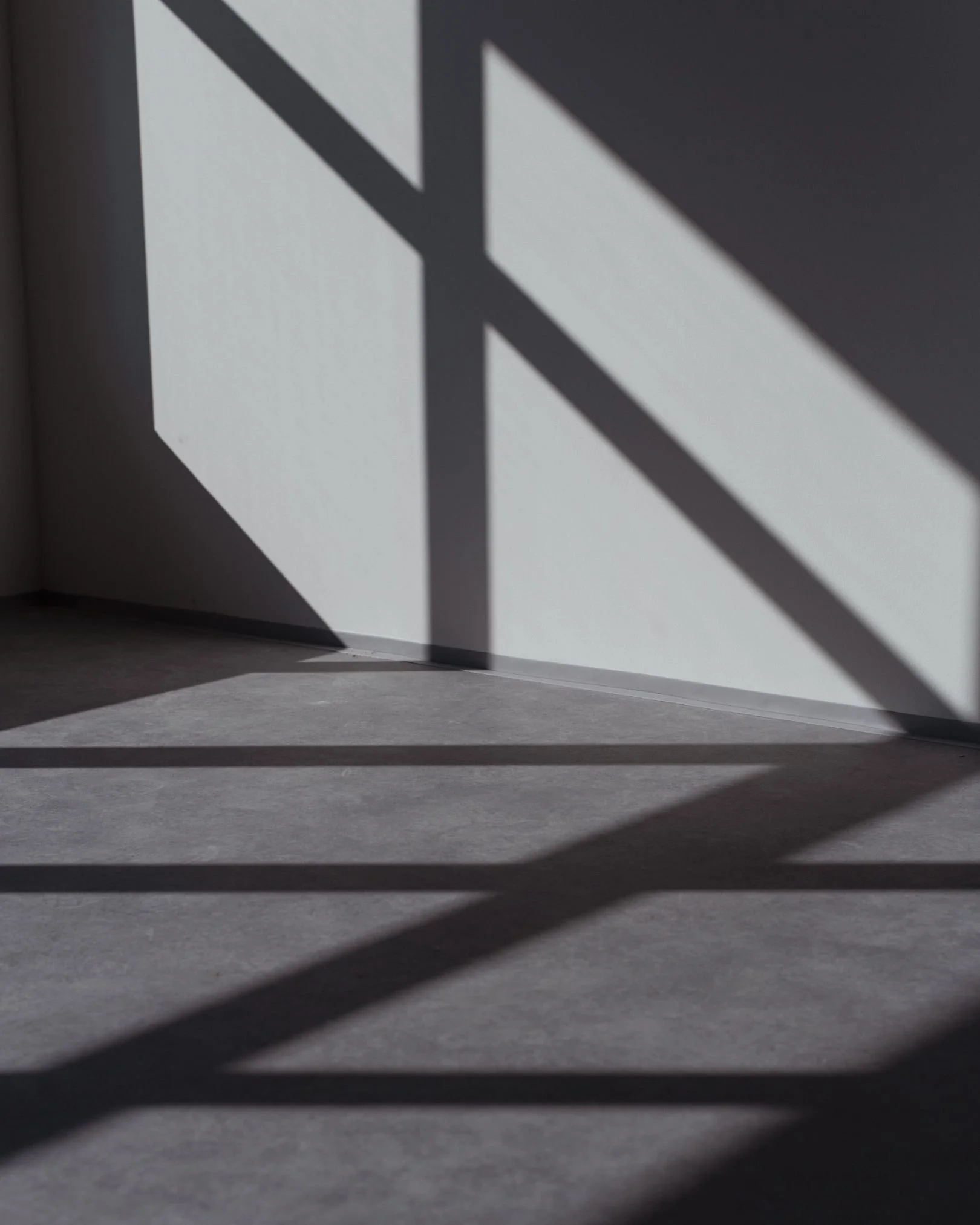 Shadows of a railing cast on a white corner wall and gray floor, with natural light creating geometric patterns.